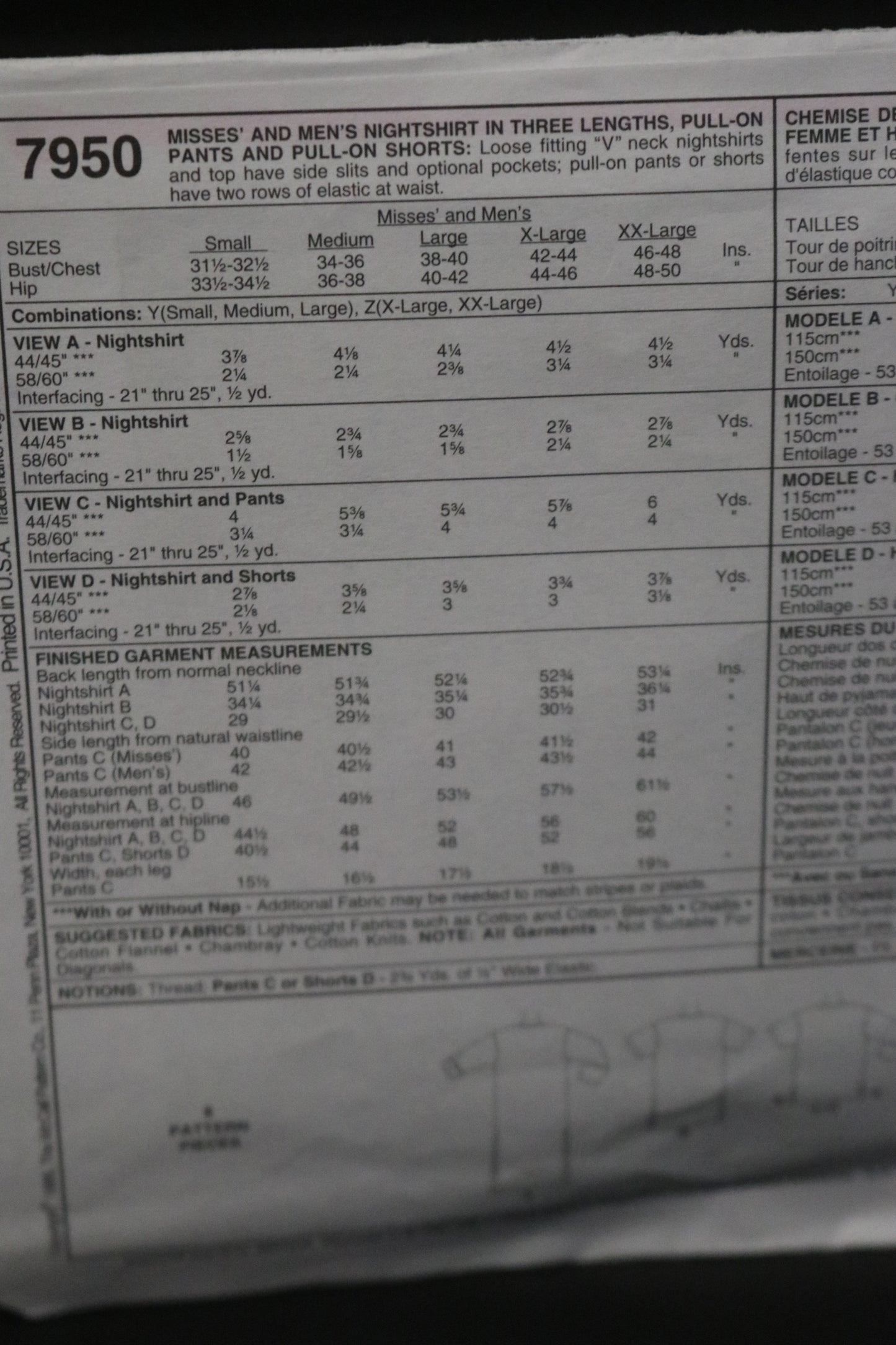 McCalls 7950  Misses and Mens Nightshirt in Three Lengths, Pull on Pants and Pull on Shorts Sewing Pattern  UNCUT Size Xlg, XxL