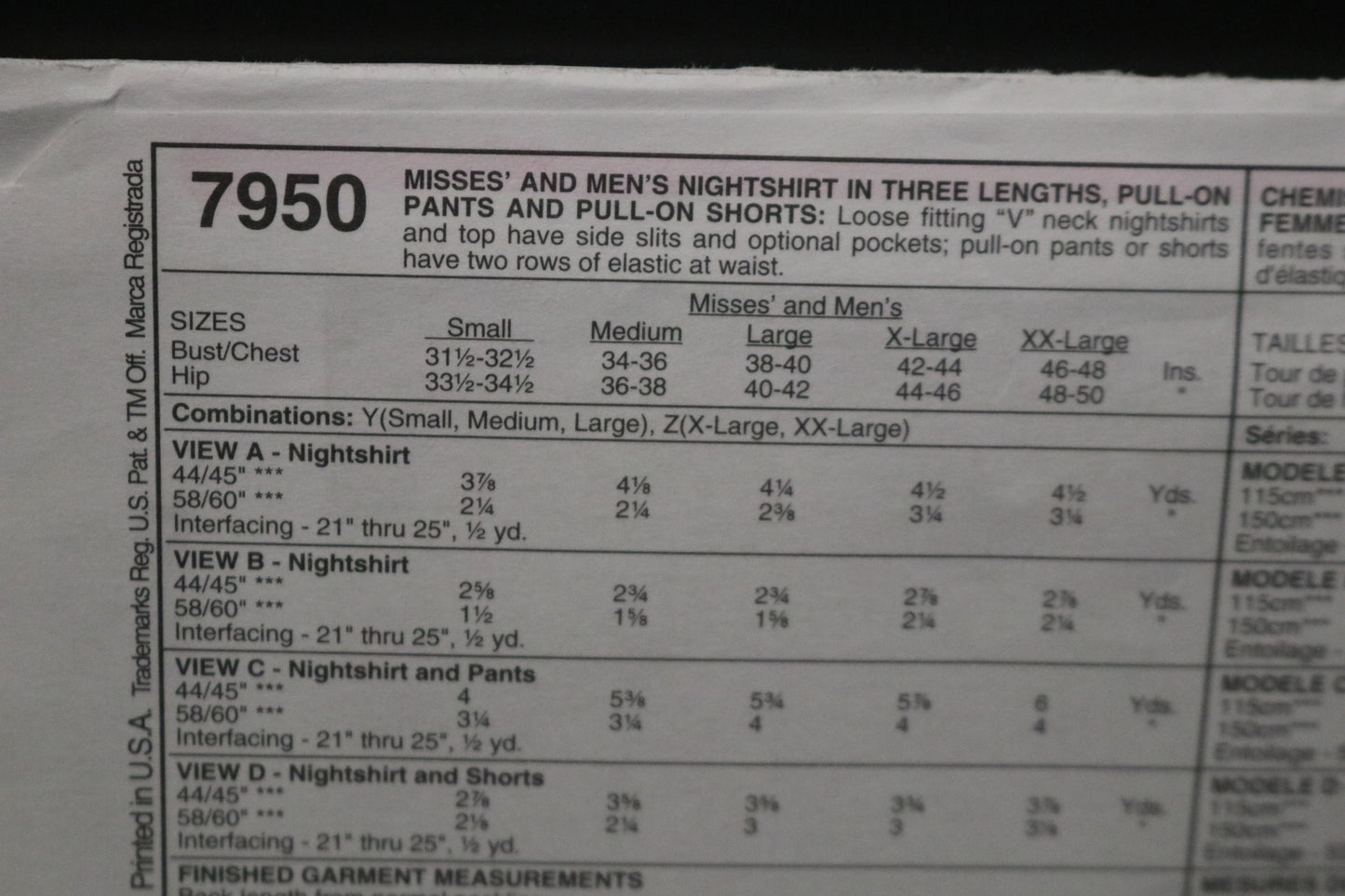 McCalls 7950  Misses and Mens Nightshirt in Three Lengths, Pull on Pants and Pull on Shorts Sewing Pattern  UNCUT Size Xlg, XxL