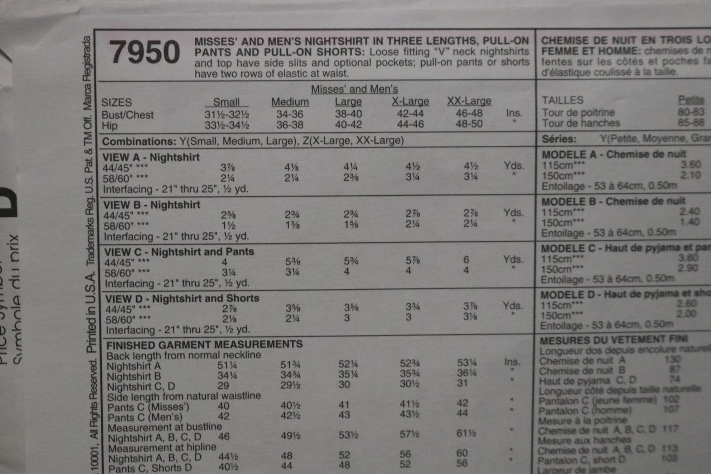 McCalls 7950  Misses and Mens Nightshirt in Three Lengths, Pull on Pants and Pull on Shorts Sewing Pattern  UNCUT Size Xlg, XxL