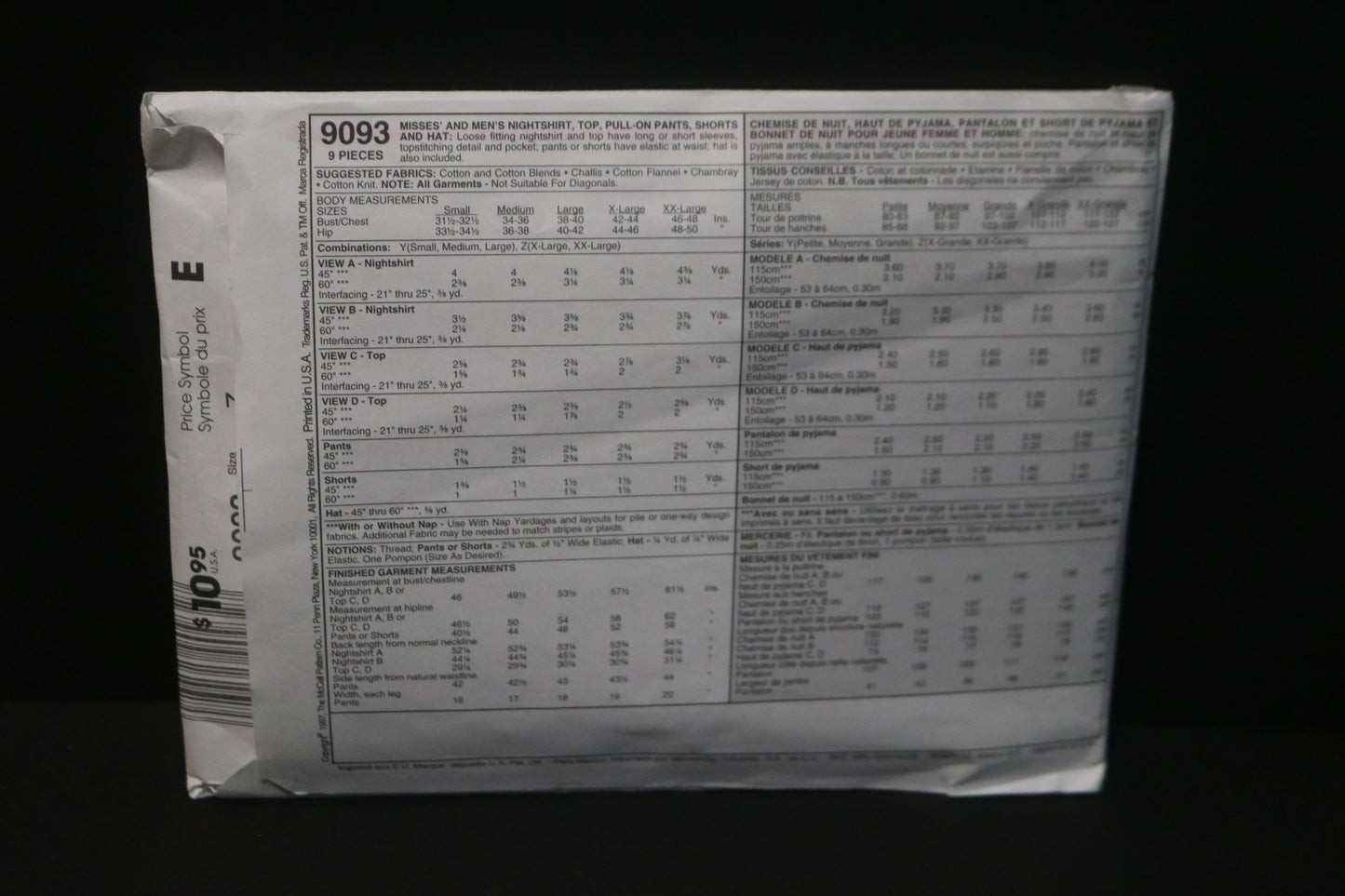 McCalls 9093  Misses and Mens Nightshirt, Top Pull on Pants, Shorts and Hat Sewing Pattern -  UNCUT Size Xlg, XxL