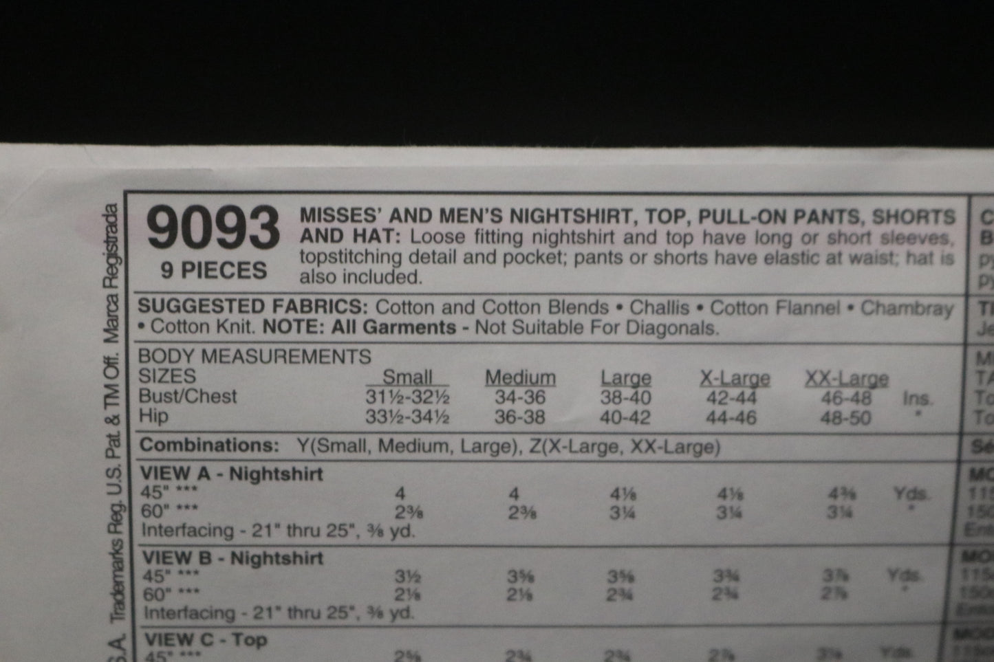 McCalls 9093  Misses and Mens Nightshirt, Top Pull on Pants, Shorts and Hat Sewing Pattern -  UNCUT Size Xlg, XxL