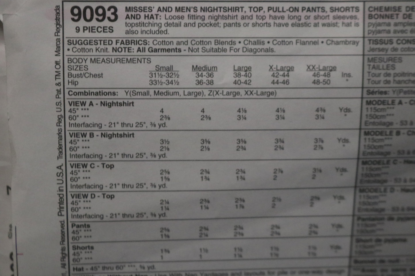 McCalls 9093  Misses and Mens Nightshirt, Top Pull on Pants, Shorts and Hat Sewing Pattern -  UNCUT Size Xlg, XxL