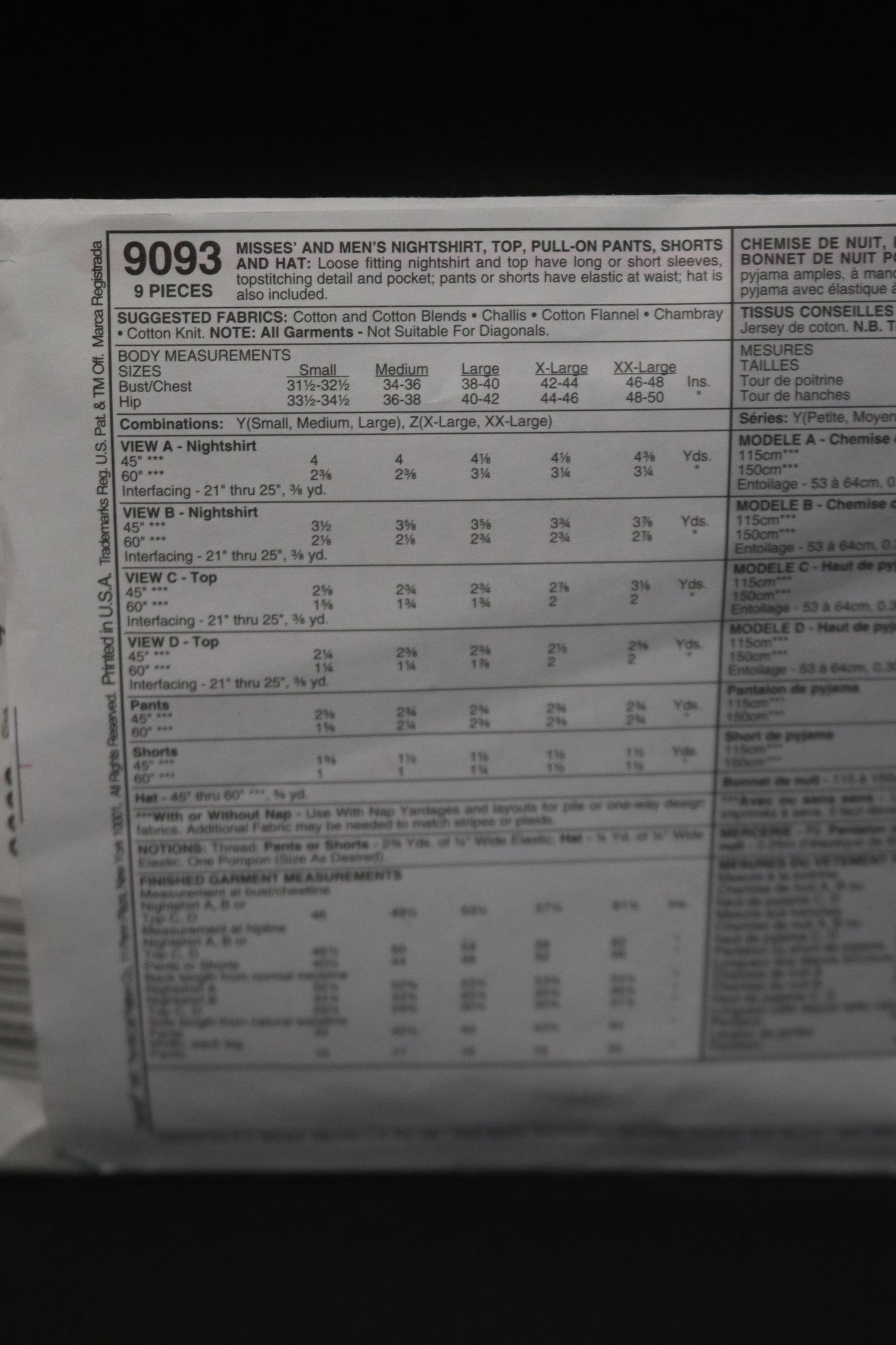 McCalls 9093  Misses and Mens Nightshirt, Top Pull on Pants, Shorts and Hat Sewing Pattern -  UNCUT Size Xlg, XxL