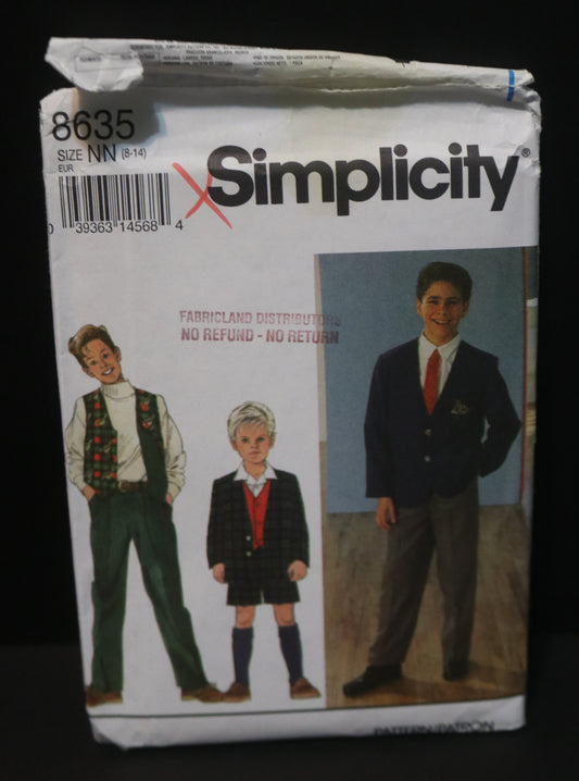 Simplicity 8635 Boys Pants or Shorts, Lined Vest and Jacket Sewing Pattern UNCUT Size 8 - 14