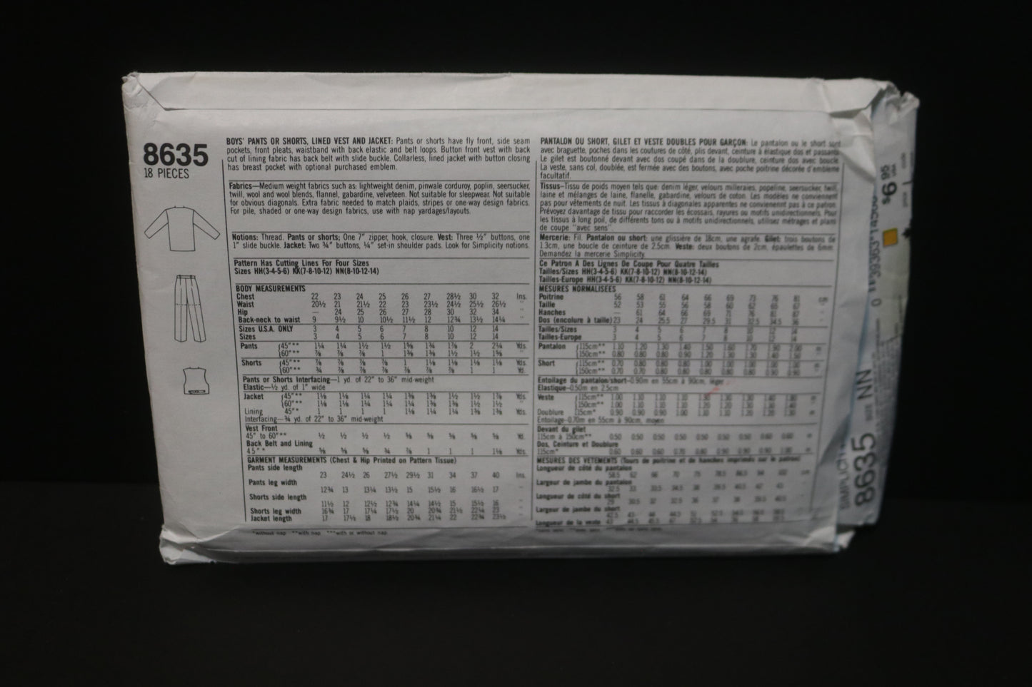 Simplicity 8635 Boys Pants or Shorts, Lined Vest and Jacket Sewing Pattern UNCUT Size 8 - 14