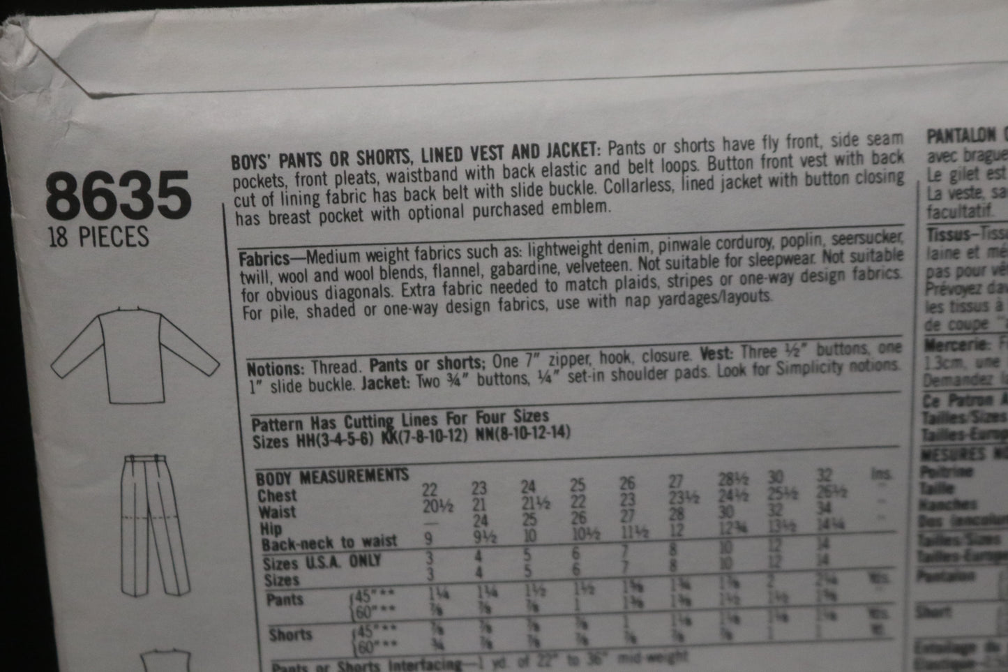 Simplicity 8635 Boys Pants or Shorts, Lined Vest and Jacket Sewing Pattern UNCUT Size 8 - 14