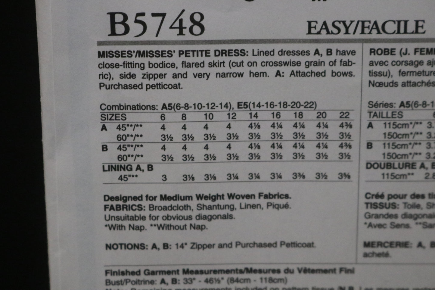 Butterick 5748 Misses / Misses Petite Dress Sewing Pattern UNCUT Size 14 16 18 20 22