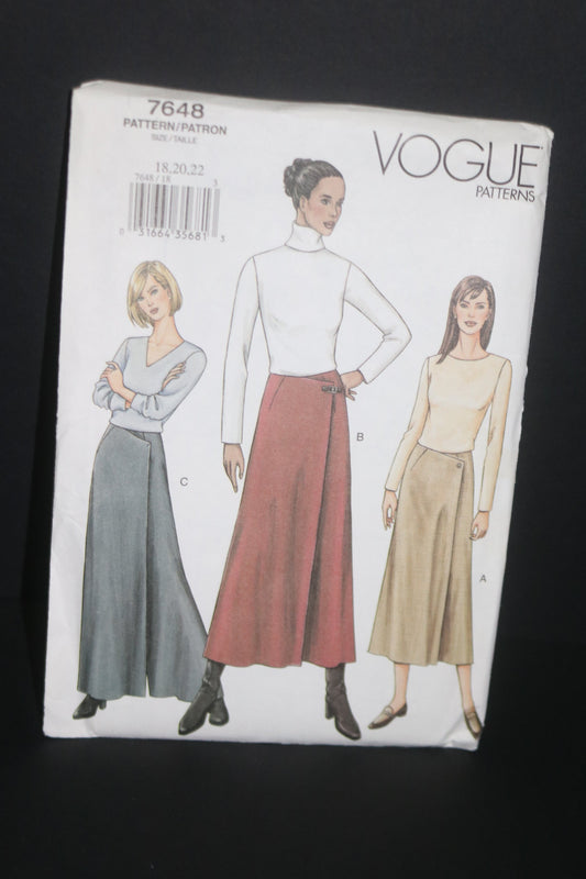 Vogue 7648 Misses Pantskirt Sewing Pattern - UNCUT - Size 18 20 22