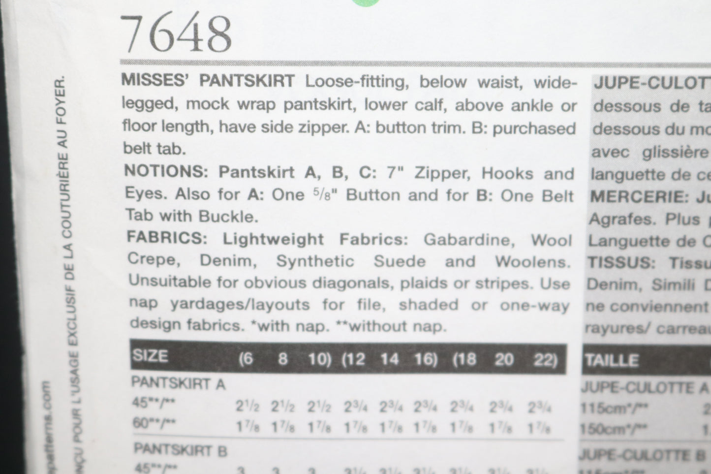 Vogue 7648 Misses Pantskirt Sewing Pattern - UNCUT - Size 18 20 22