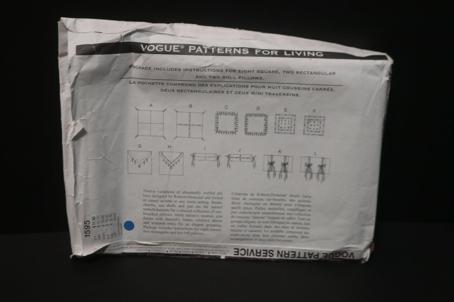 Vogue 1595 Pillows in Twelve Variations Sewing Pattern - UNCUT