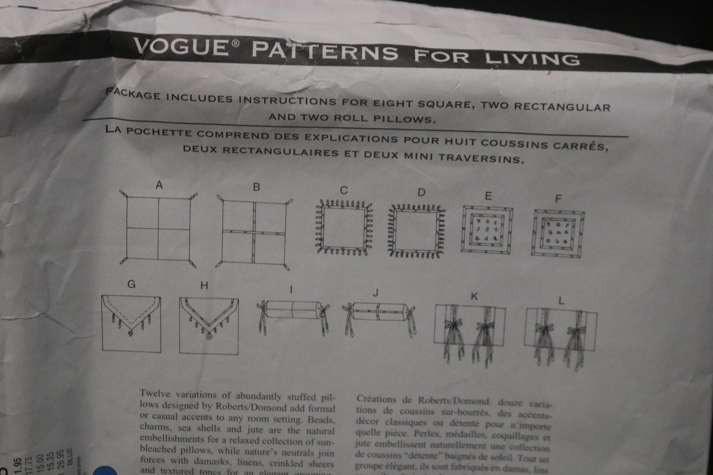 Vogue 1595 Pillows in Twelve Variations Sewing Pattern - UNCUT