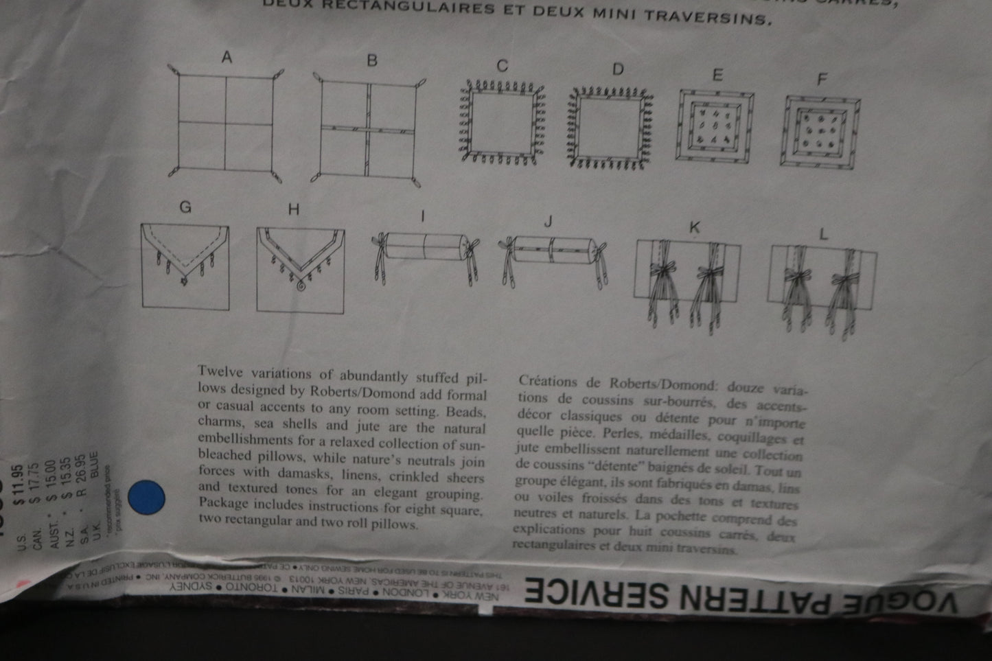 Vogue 1595 Pillows in Twelve Variations Sewing Pattern - UNCUT