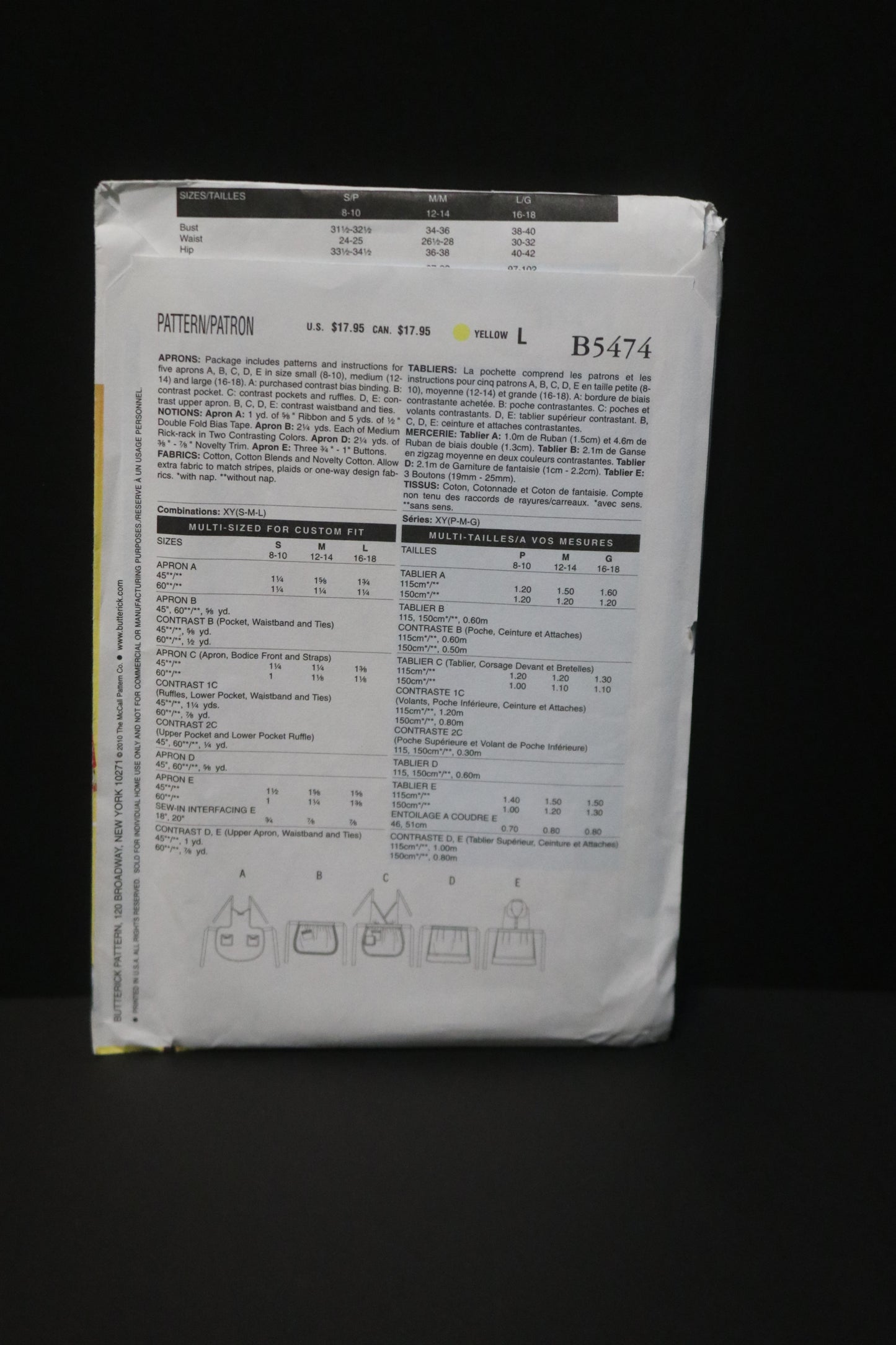 Butterick 5474 Aprons Sewing Pattern - UNCUT Size Sml Med Lrg