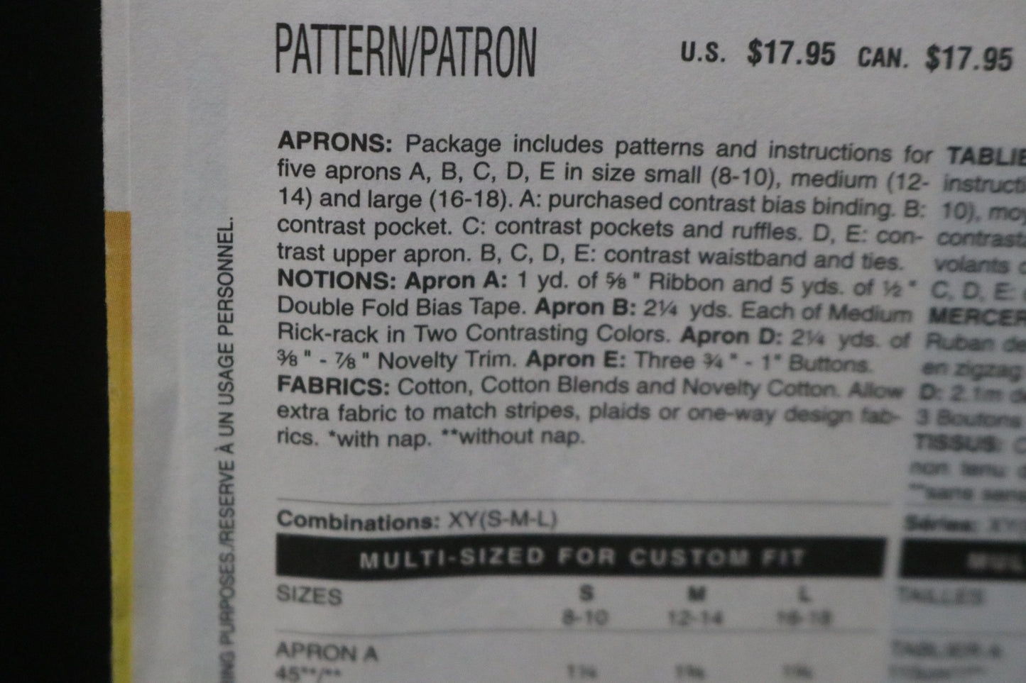 Butterick 5474 Aprons Sewing Pattern - UNCUT Size Sml Med Lrg