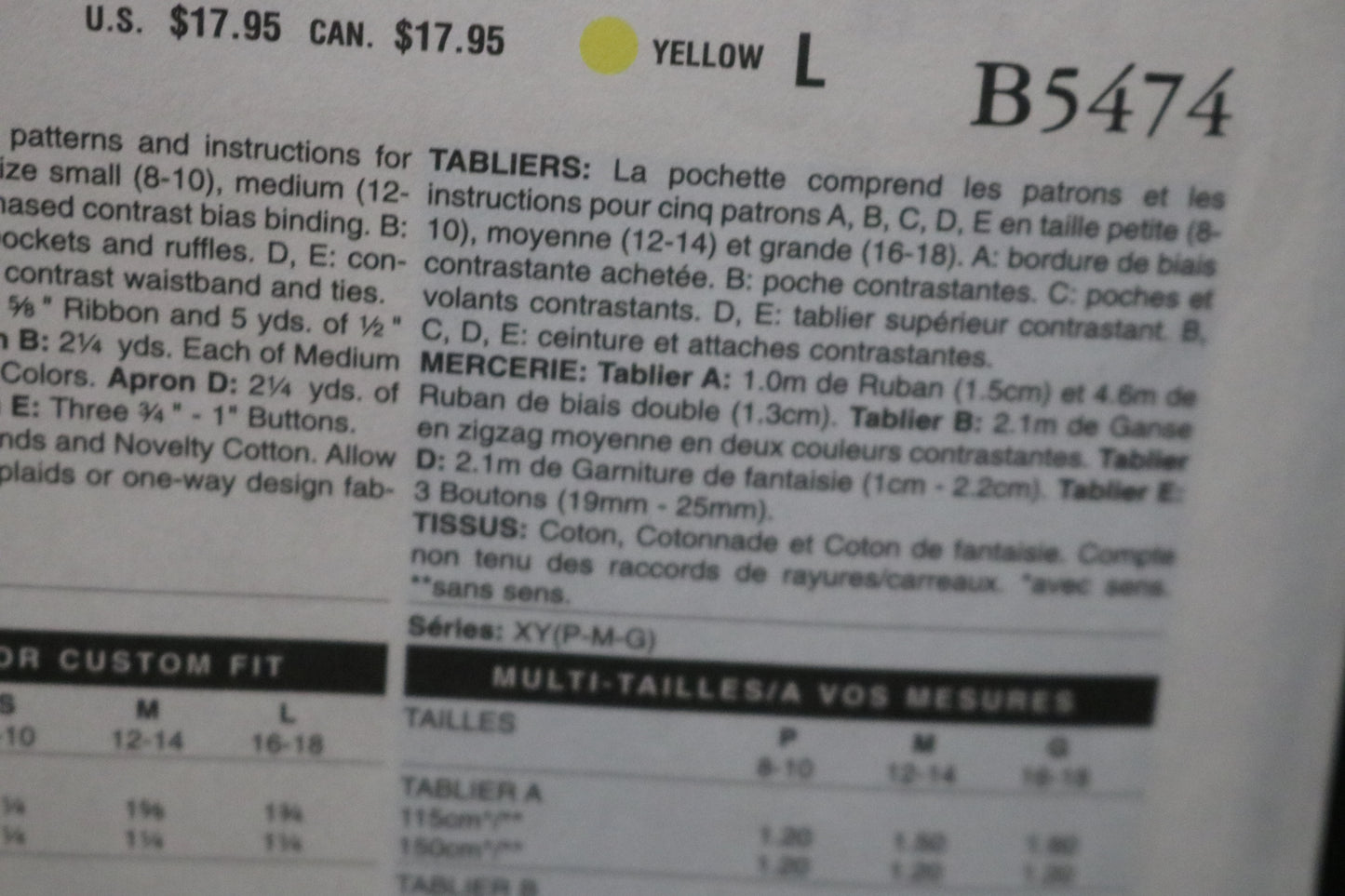 Butterick 5474 Aprons Sewing Pattern - UNCUT Size Sml Med Lrg