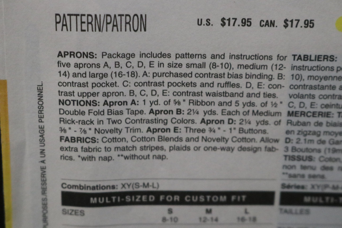 Butterick 5474 Aprons Sewing Pattern - UNCUT Size Sml Med Lrg