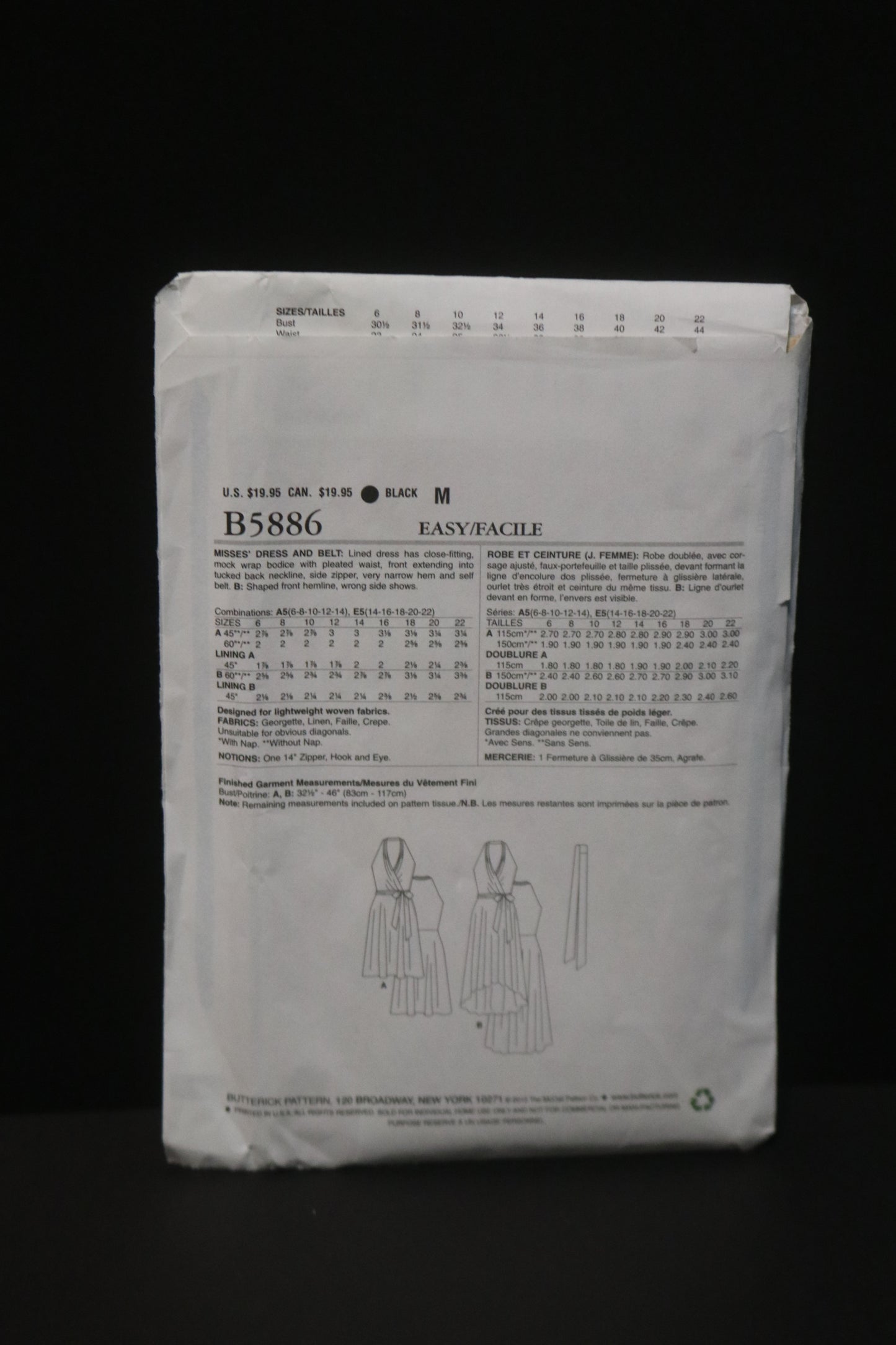 Butterick 5886 Misses Dress and Belt Sewing Pattern - UNCUT - Size 6 8 10 12 14 or Size 14 16 18 20 22