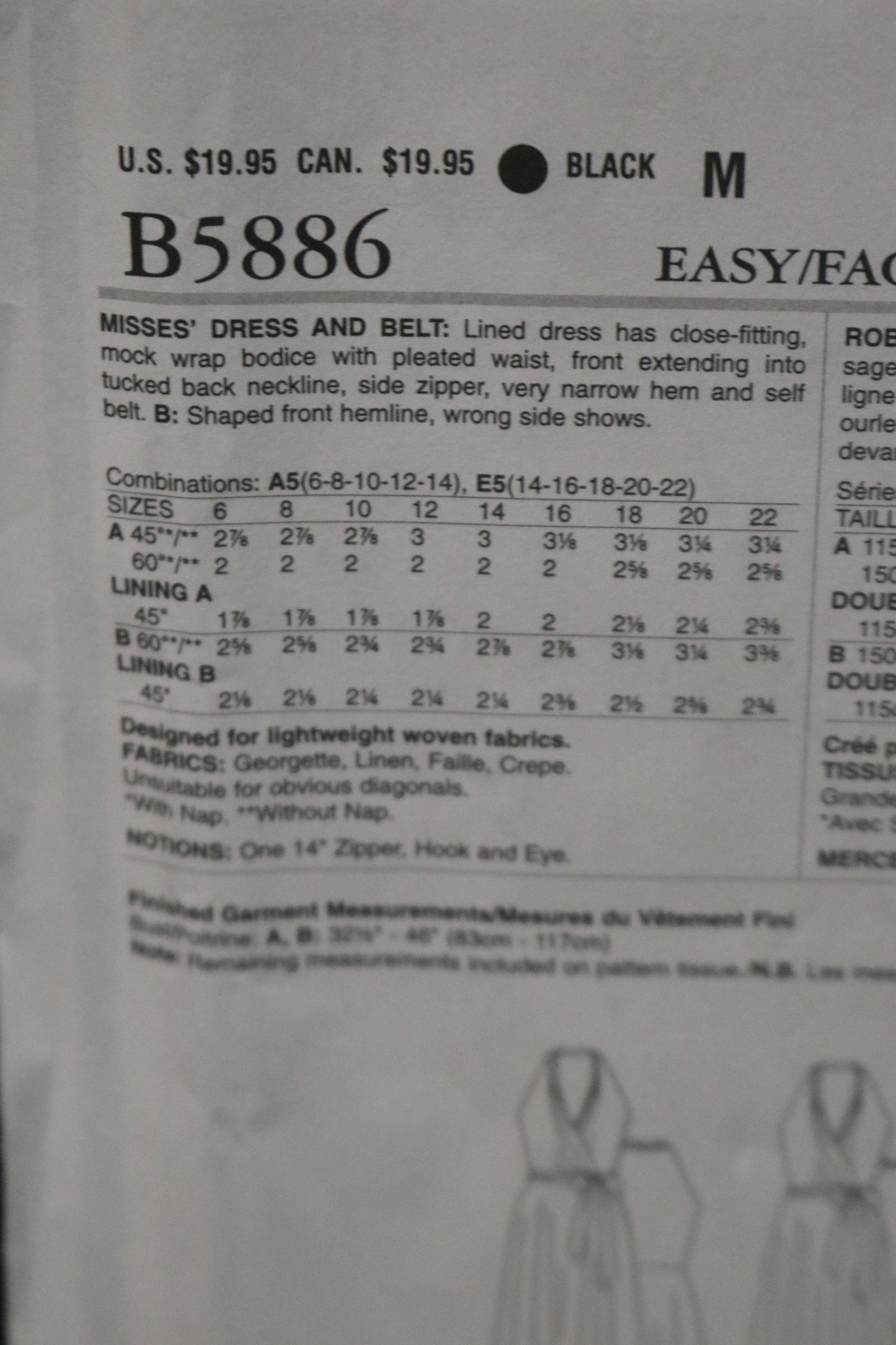 Butterick 5886 Misses Dress and Belt Sewing Pattern - UNCUT - Size 6 8 10 12 14 or Size 14 16 18 20 22