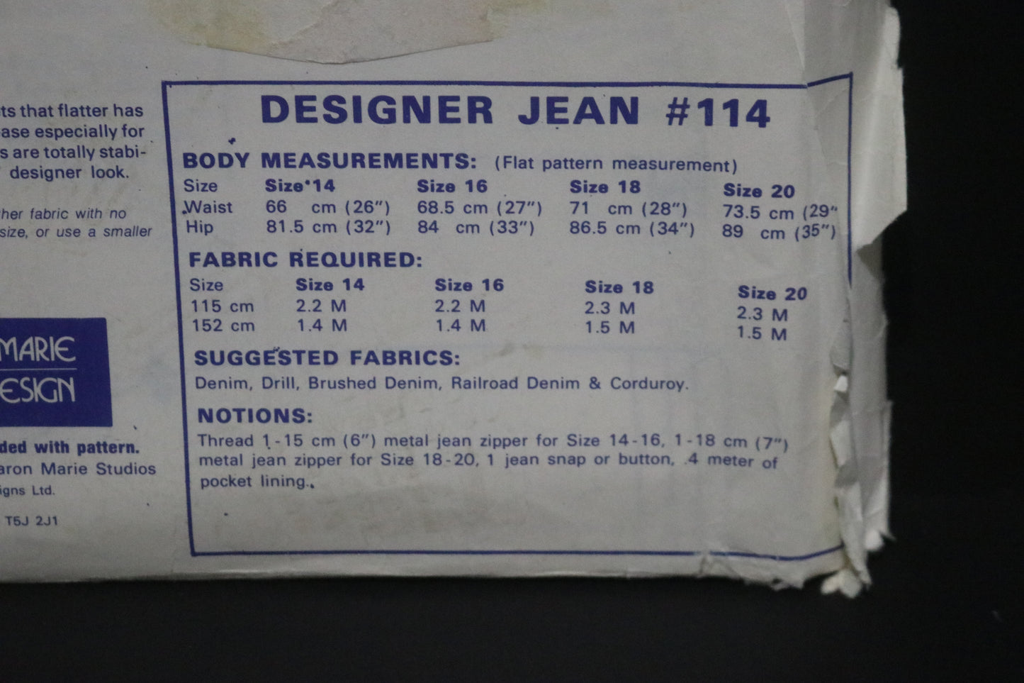 80s Designer Jeans #114 Sharon Marie Designer Blue Jeans Sewing Pattern - UNCUT Teens Size 14 16 18 20