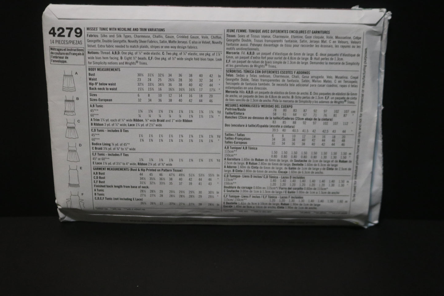 Simplicity 4279 Misses Tunic with Neckline and Trim Variations Sewing Pattern - UNCUT - Size 6 8 10 12 14