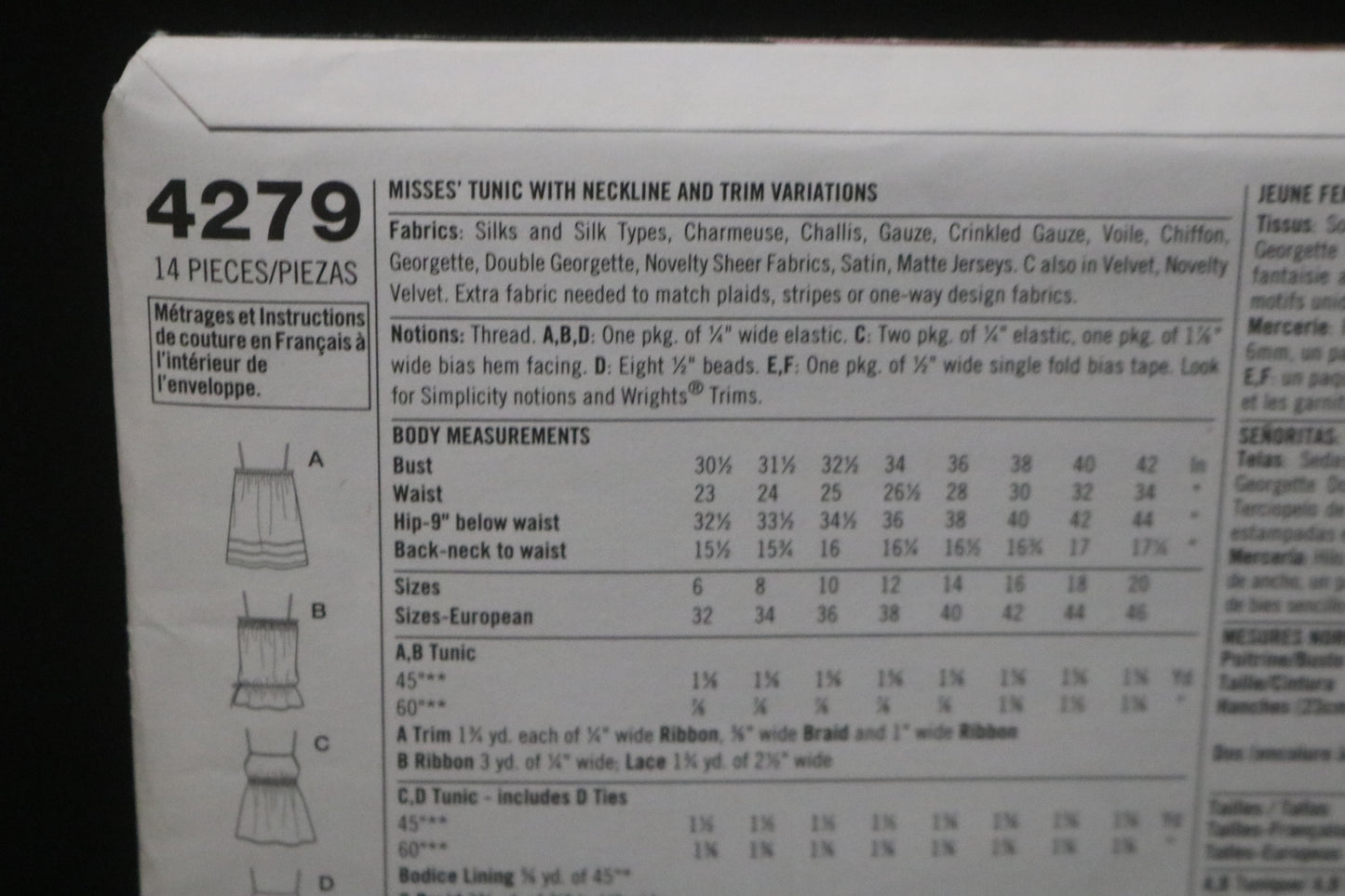 Simplicity 4279 Misses Tunic with Neckline and Trim Variations Sewing Pattern - UNCUT - Size 6 8 10 12 14