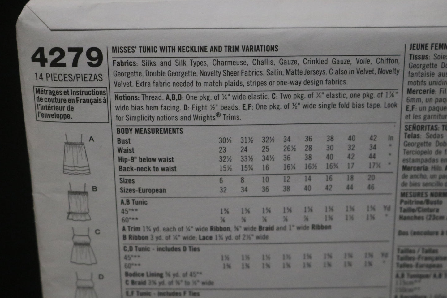Simplicity 4279 Misses Tunic with Neckline and Trim Variations Sewing Pattern - UNCUT - Size 6 8 10 12 14