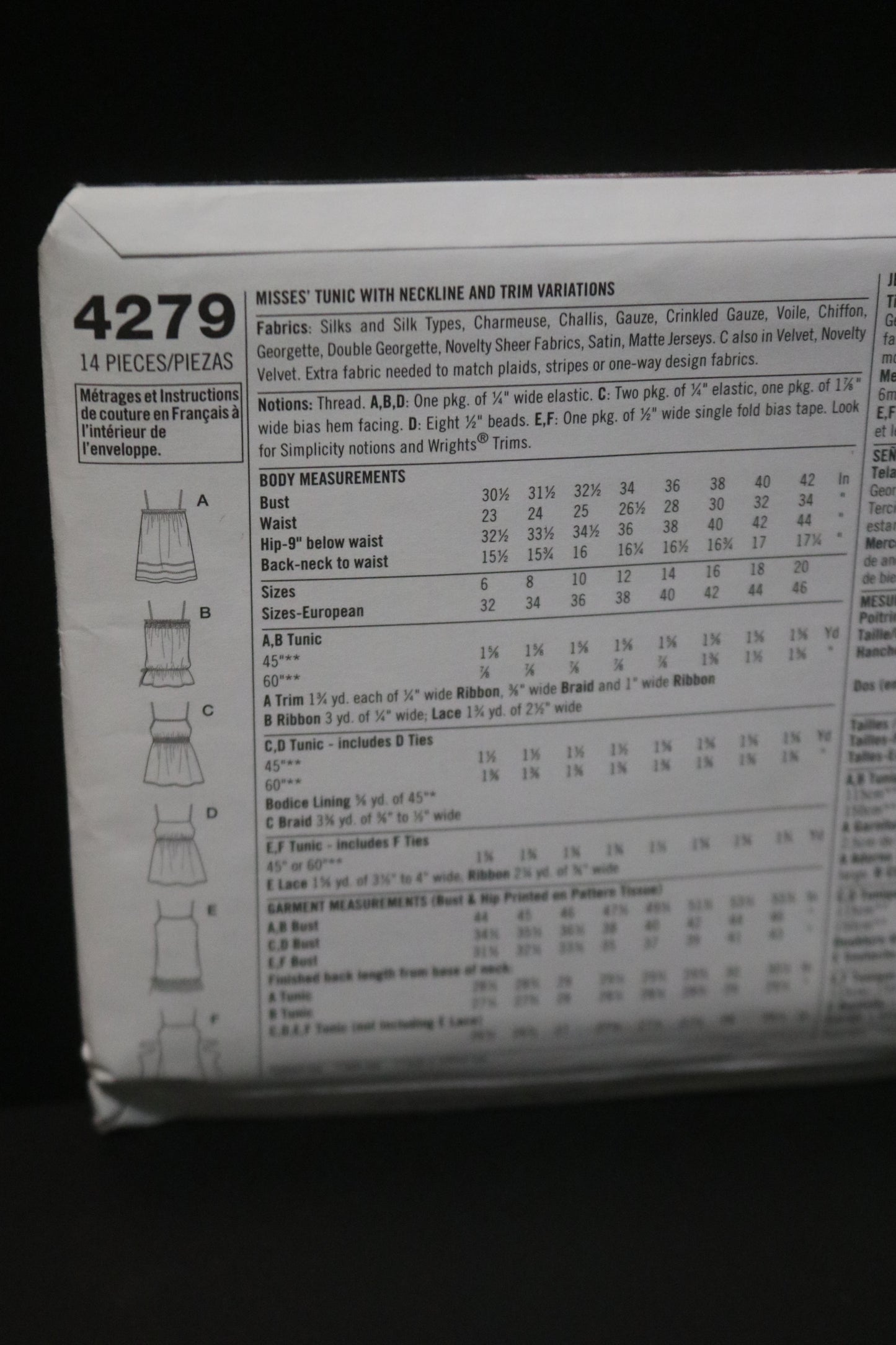 Simplicity 4279 Misses Tunic with Neckline and Trim Variations Sewing Pattern - UNCUT - Size 6 8 10 12 14