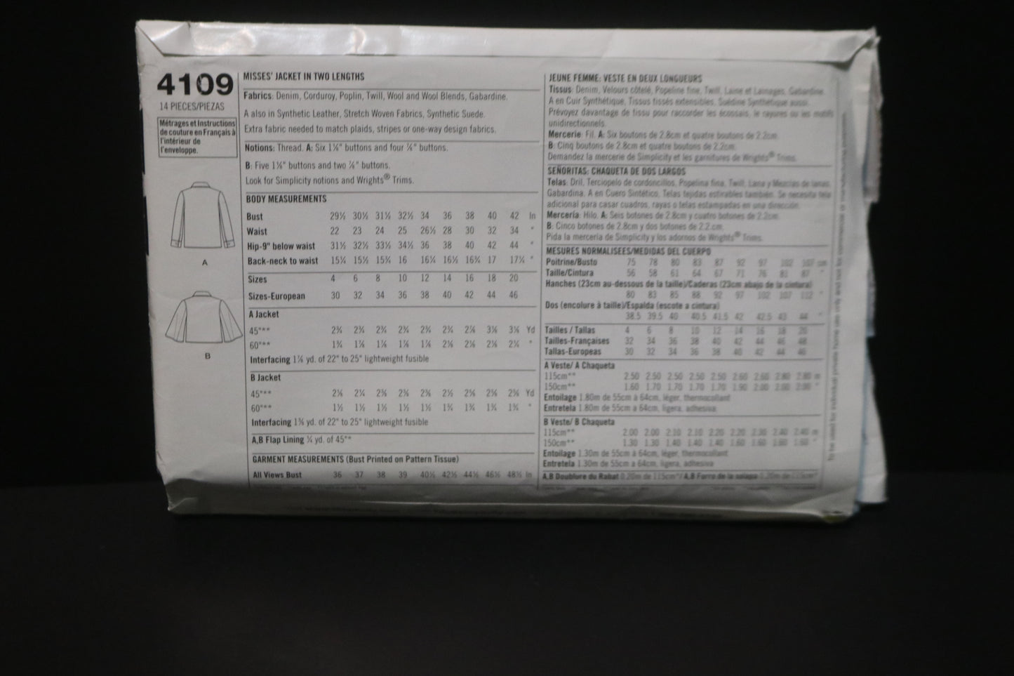 Simplicity 4109 Misses Jacket in Two Lengths Sewing Pattern - UNCUT - Size 4 6 8 10 12