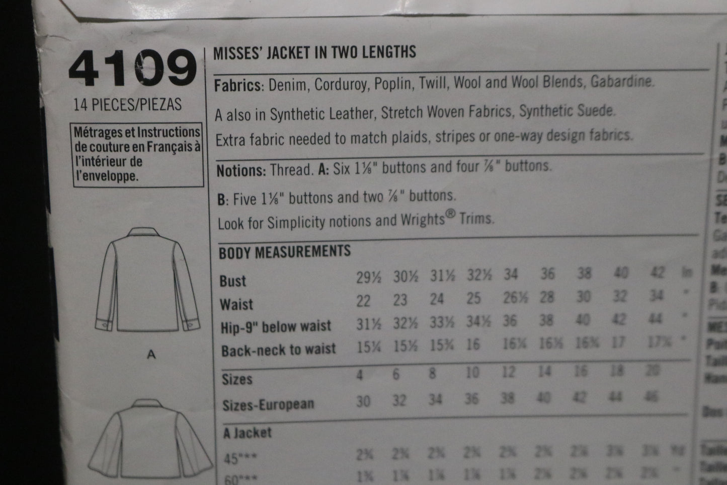 Simplicity 4109 Misses Jacket in Two Lengths Sewing Pattern - UNCUT - Size 4 6 8 10 12