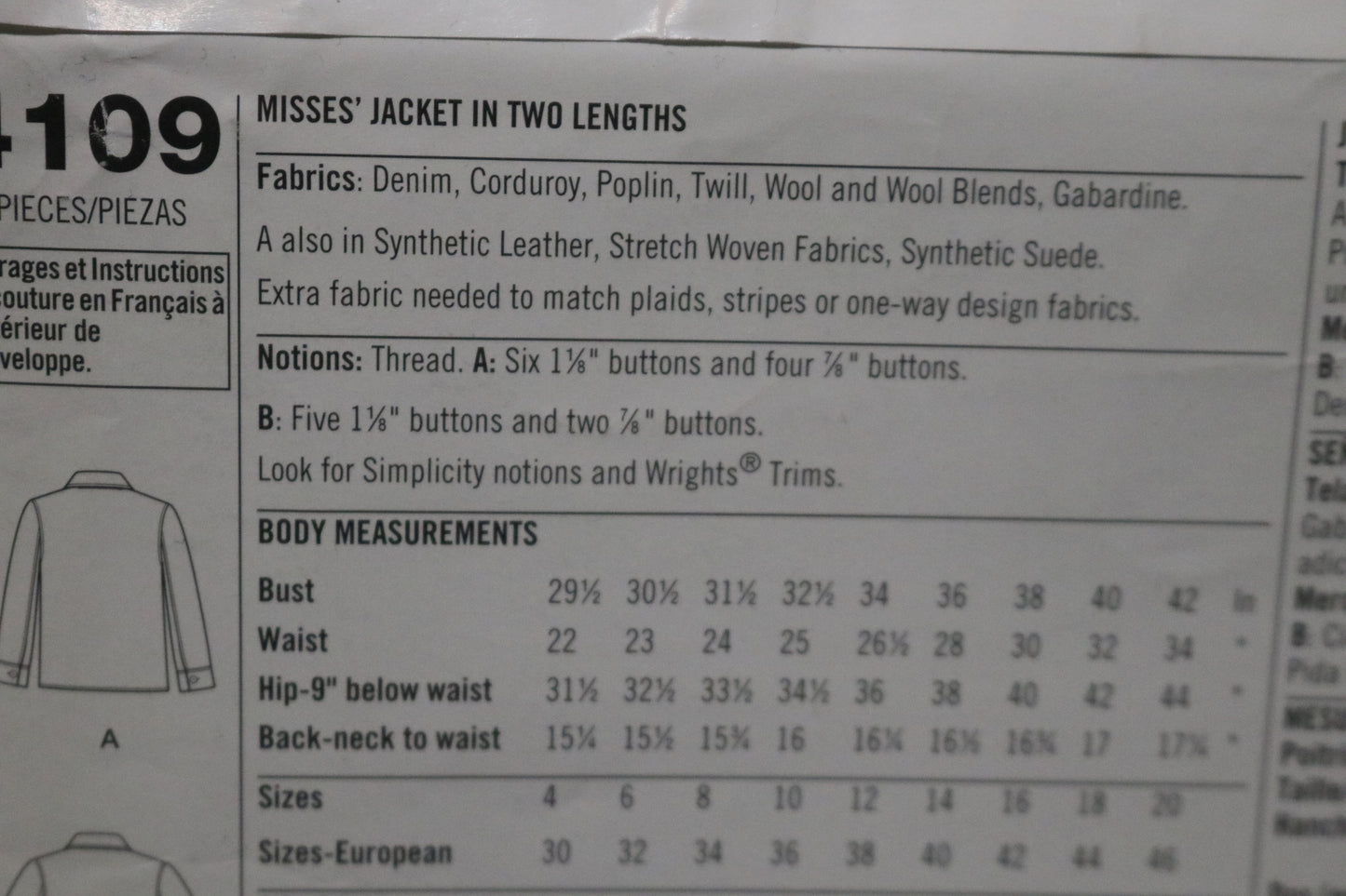 Simplicity 4109 Misses Jacket in Two Lengths Sewing Pattern - UNCUT - Size 4 6 8 10 12