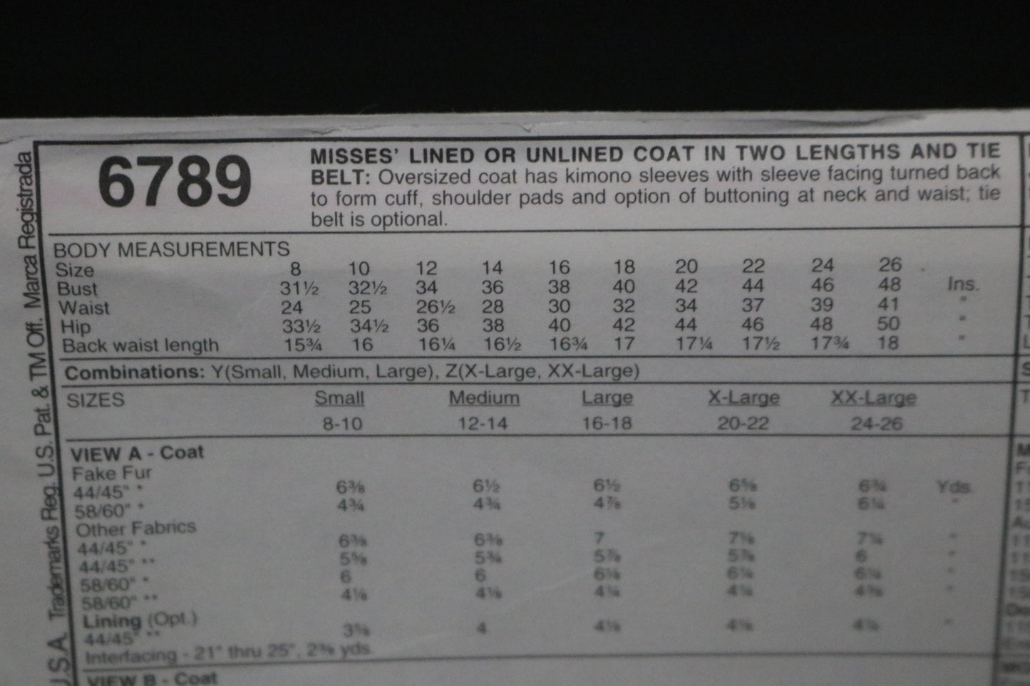 McCalls 6789 Lined or Unlined Coat in Two Lengths and Tie Belt Sewing Pattern - UNCUT - Size Sml Med Lrg