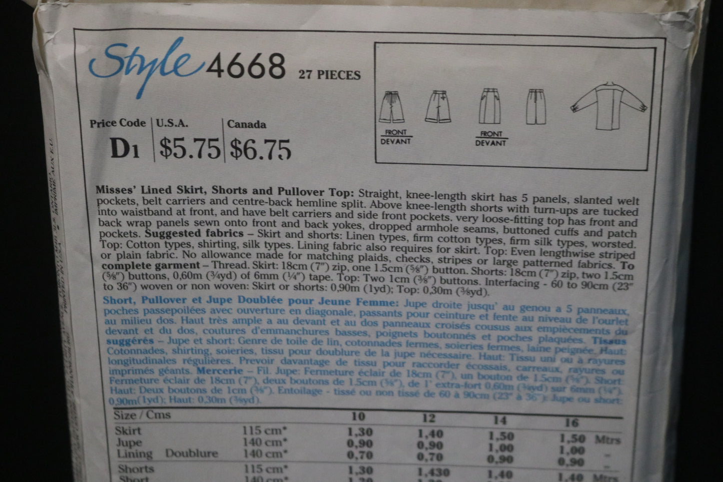 Style 4668 Alfred Sung Misses Lined Skirt Shorts and Pullover Top Sewing Pattern - UNCUT - Size 10