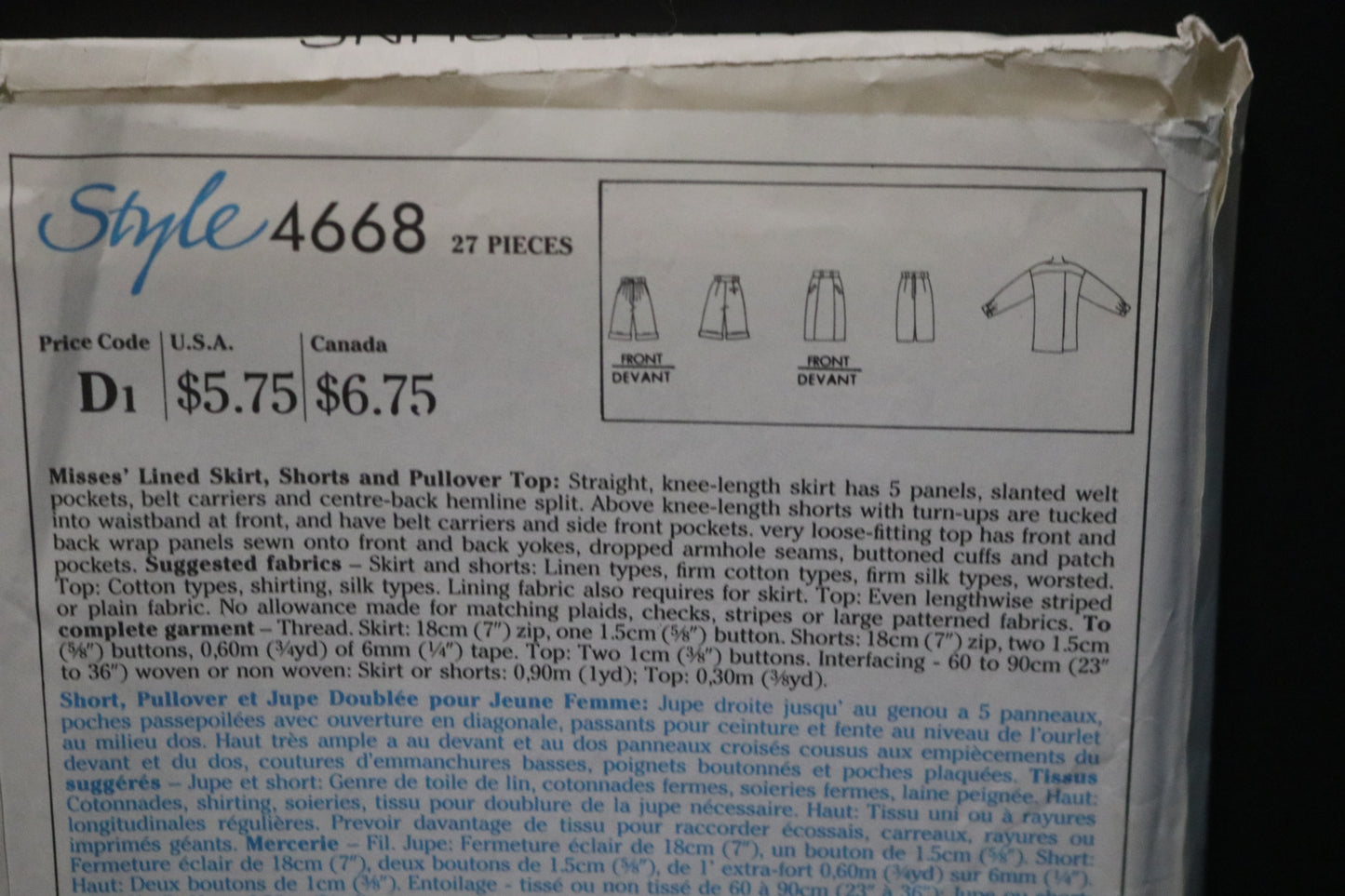 Style 4668 Alfred Sung Misses Lined Skirt Shorts and Pullover Top Sewing Pattern - UNCUT - Size 10