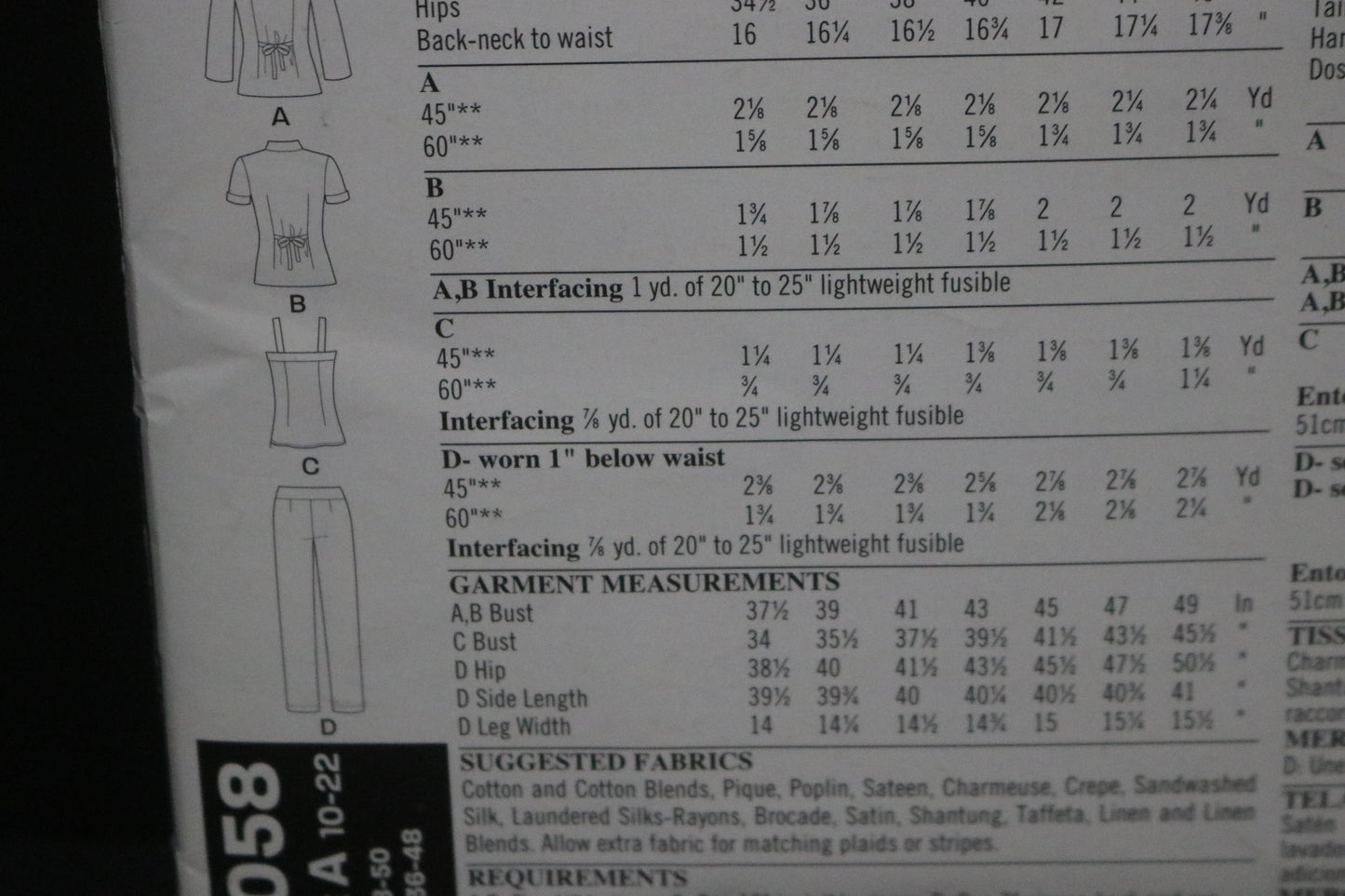 New Look 6058 Misses Pants, Top and Shirt-jacket Sewing Pattern - UNCUT - Size 10 - 22