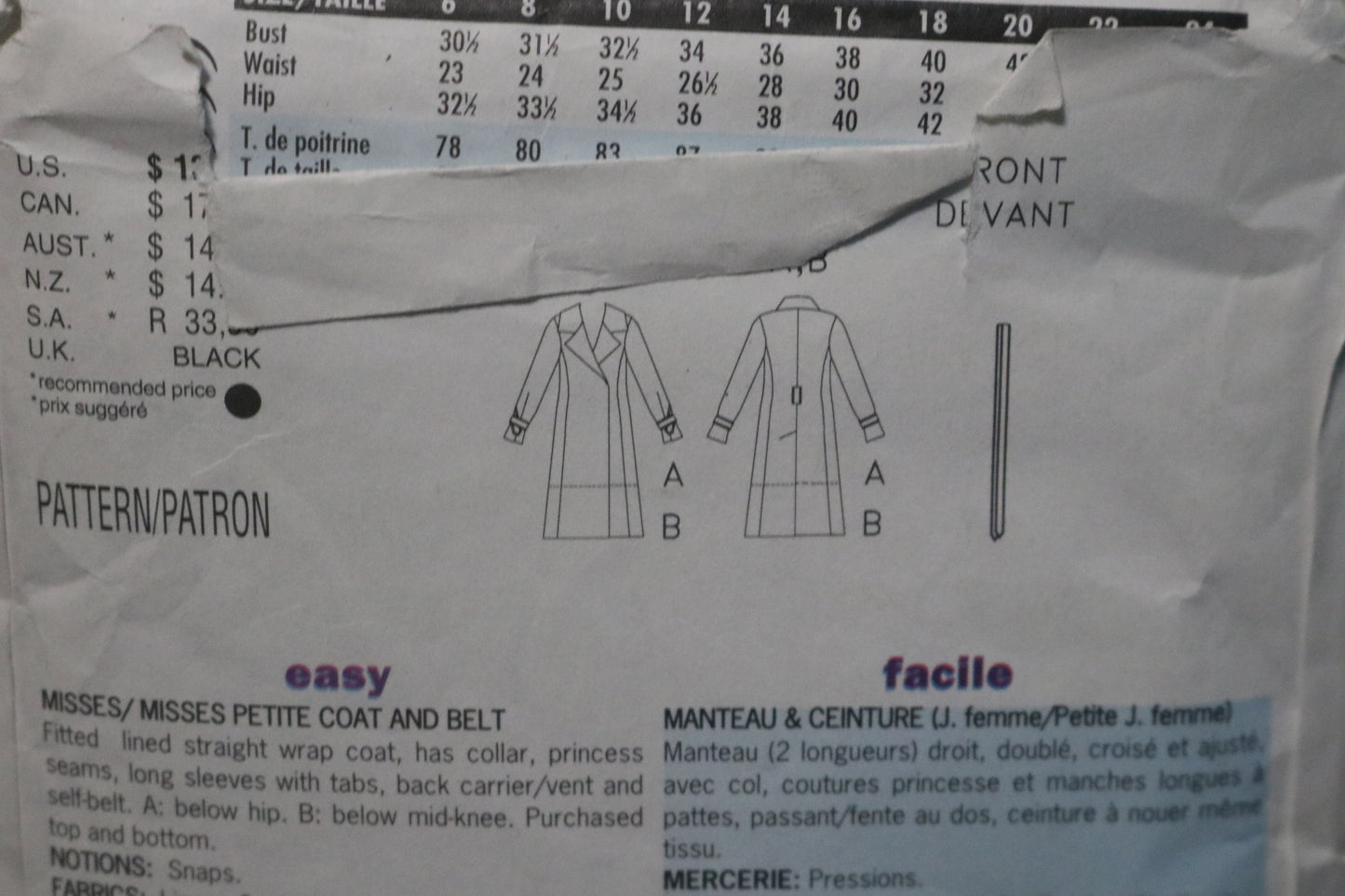 Butterick 6669 Cynthia Rowley Misses / Misses Petite Coat and Belt Sewing Pattern UNCUT Size 18 20 22