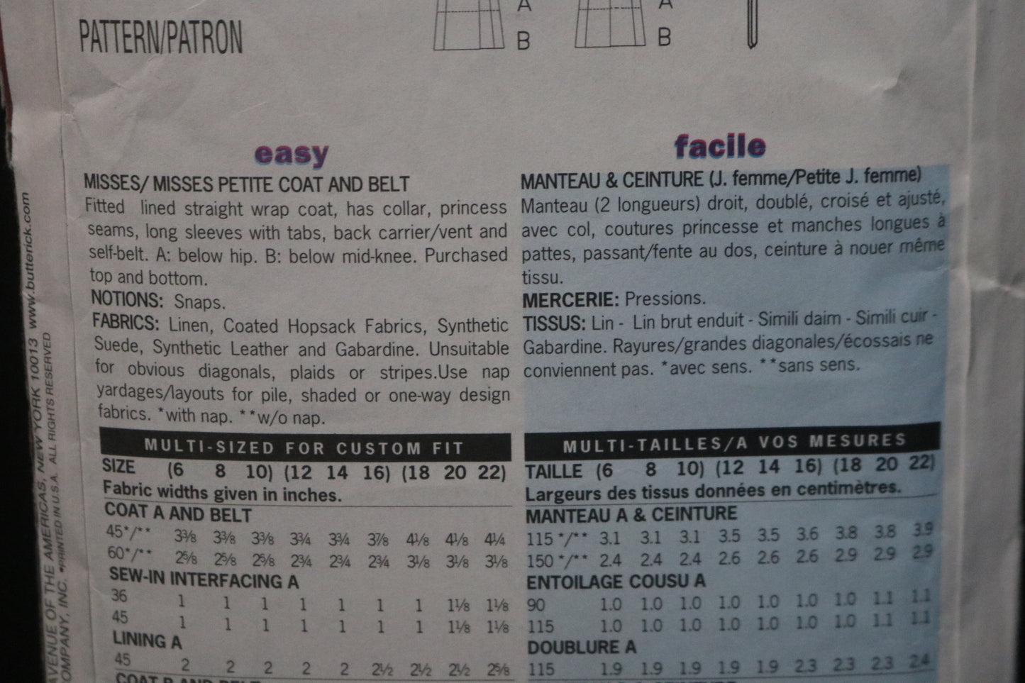 Butterick 6669 Cynthia Rowley Misses / Misses Petite Coat and Belt Sewing Pattern UNCUT Size 18 20 22