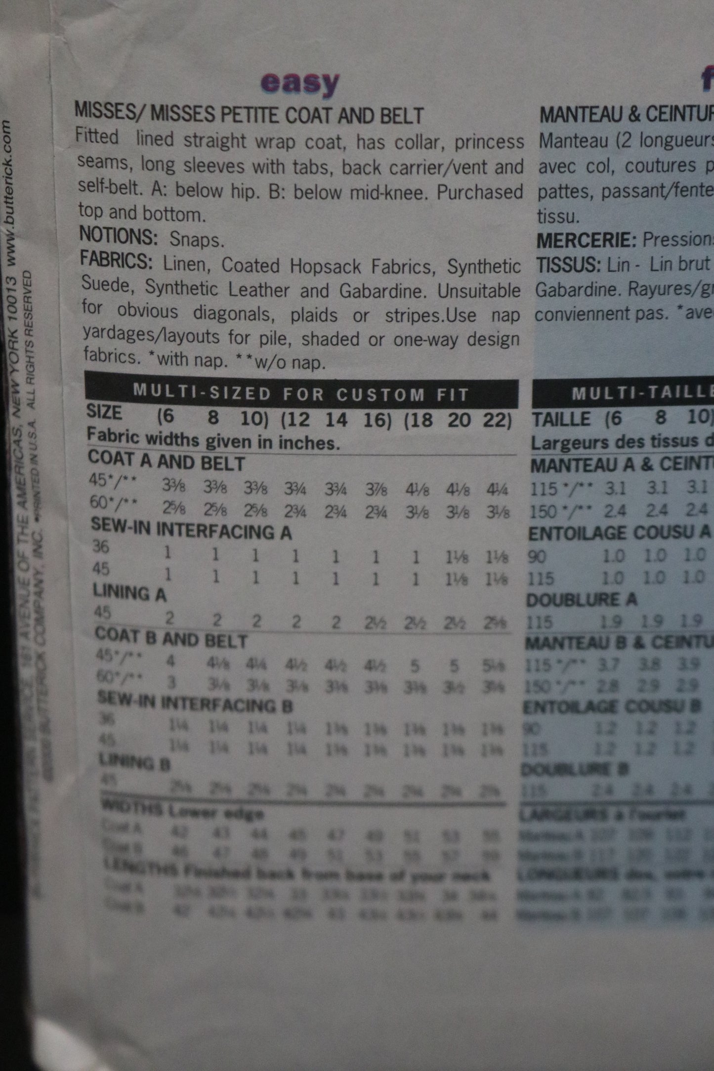 Butterick 6669 Cynthia Rowley Misses / Misses Petite Coat and Belt Sewing Pattern UNCUT Size 18 20 22