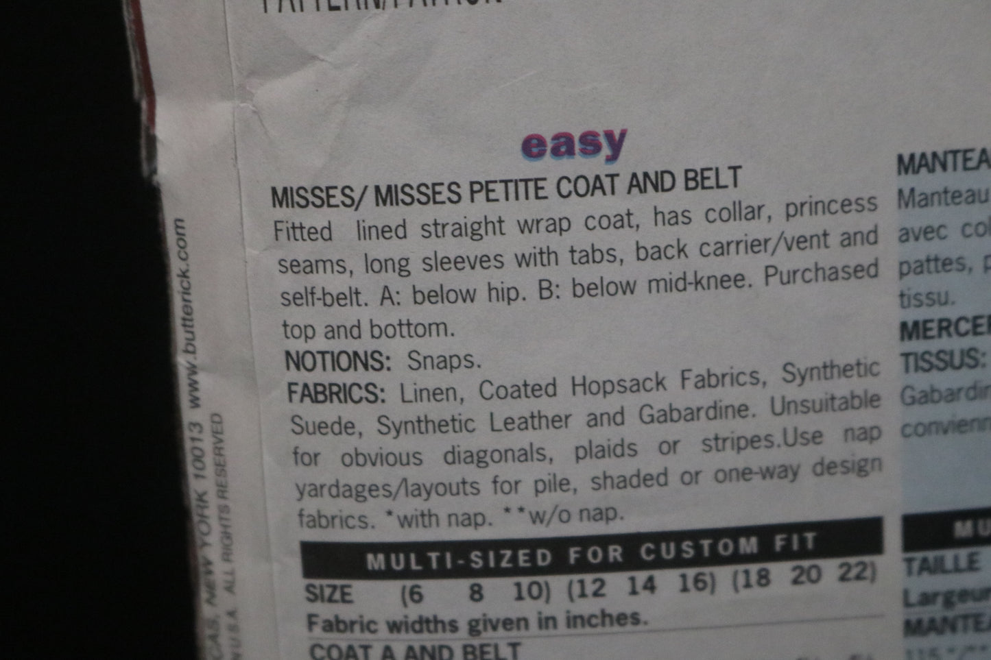 Butterick 6669 Cynthia Rowley Misses / Misses Petite Coat and Belt Sewing Pattern UNCUT Size 18 20 22