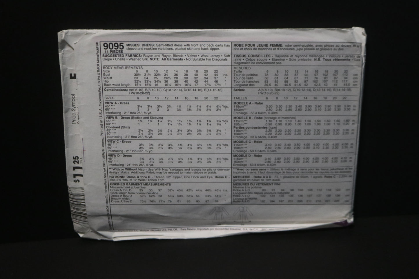 McCalls 9095 Misses Dresses Sewing Pattern - UNCUT - Size  18 20 22