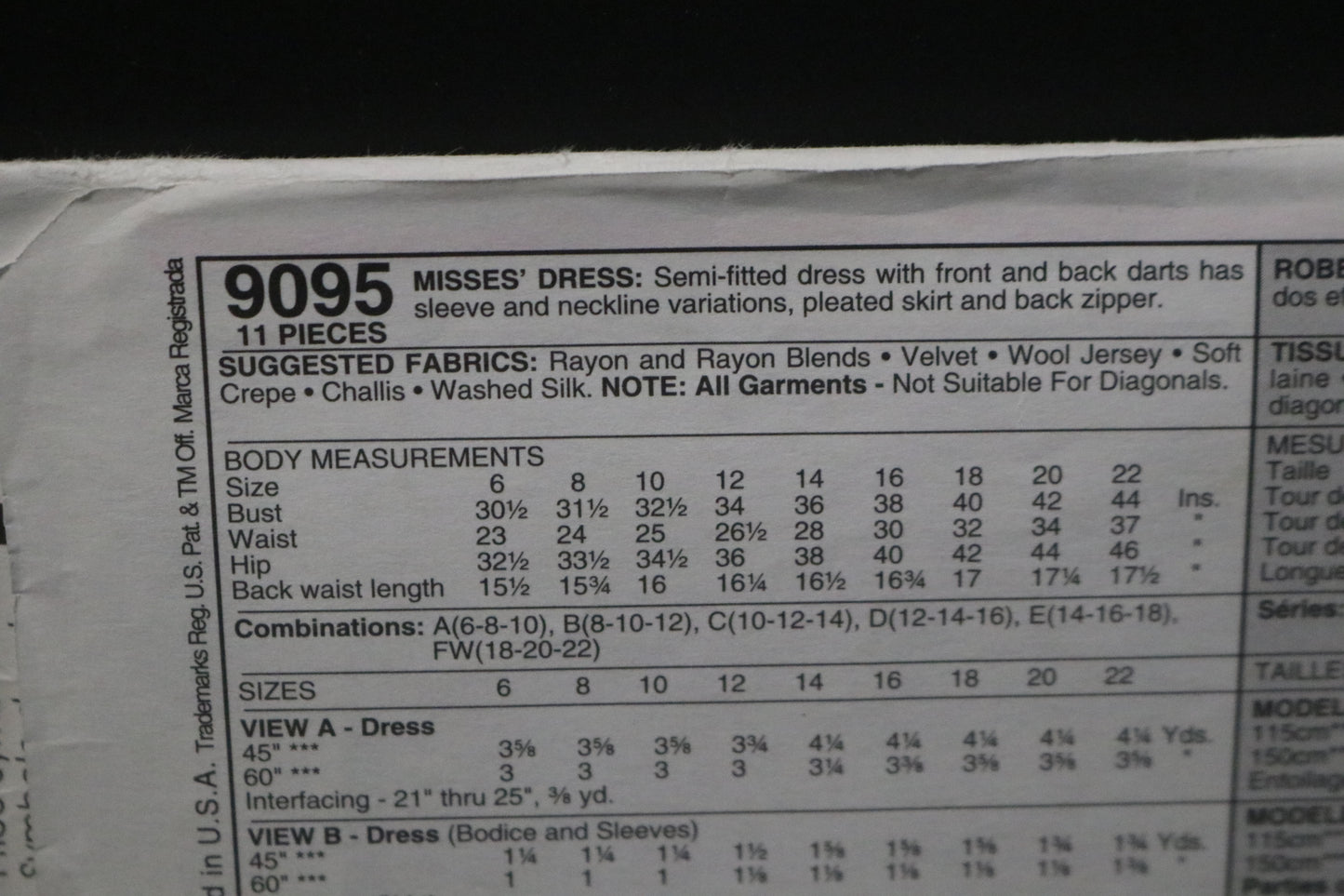 McCalls 9095 Misses Dresses Sewing Pattern - UNCUT - Size  18 20 22