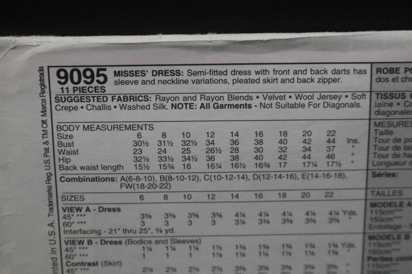 McCalls 9095 Misses Dresses Sewing Pattern - UNCUT - Size  18 20 22