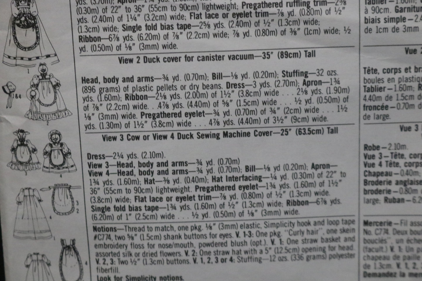 Simplicity 8462 Cow and Duck Covers for Vacuums and Sewing Machines Sewing Pattern UNCUT