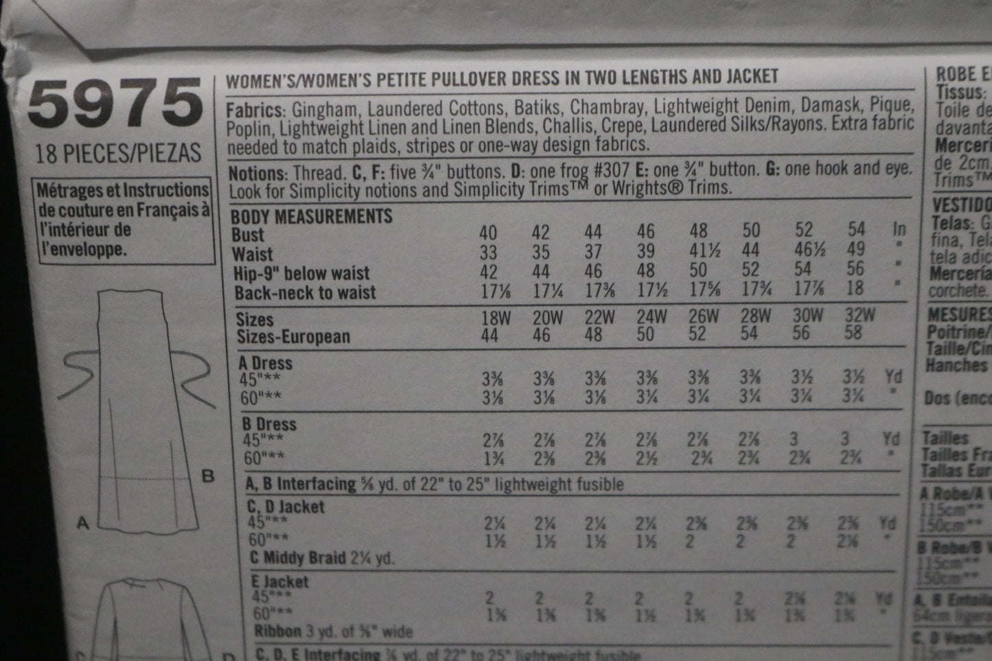 Simplicity 5975 Womens / Womens Petite Pullover Dress in Two Lengths and Jacket Sewing Pattern UNCUT Size 18w - 24w