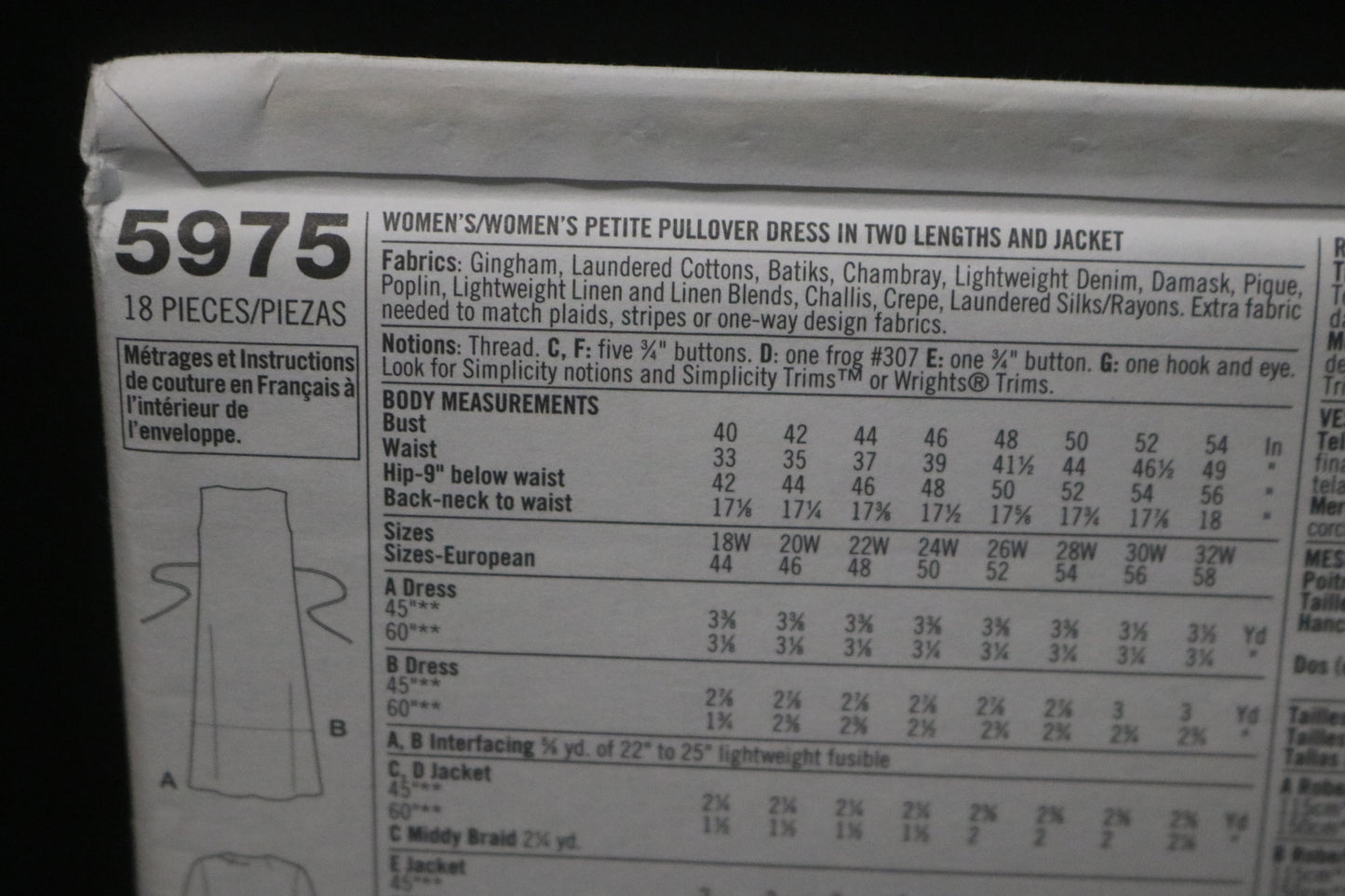 Simplicity 5975 Womens / Womens Petite Pullover Dress in Two Lengths and Jacket Sewing Pattern UNCUT Size 18w - 24w