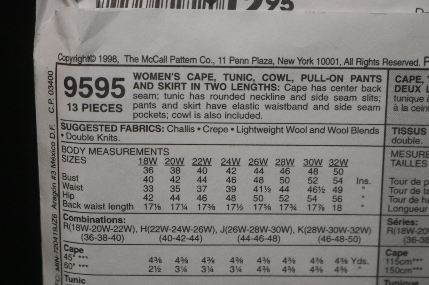 McCalls 9595 Womens Cape Tunic Cowl Pull on pants and Skirt in Two Lengths Sewing Pattern UNCUT Size 22w 24w 26w 40 42 44