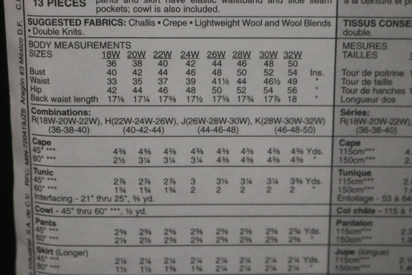 McCalls 9595 Womens Cape Tunic Cowl Pull on pants and Skirt in Two Lengths Sewing Pattern UNCUT Size 22w 24w 26w 40 42 44