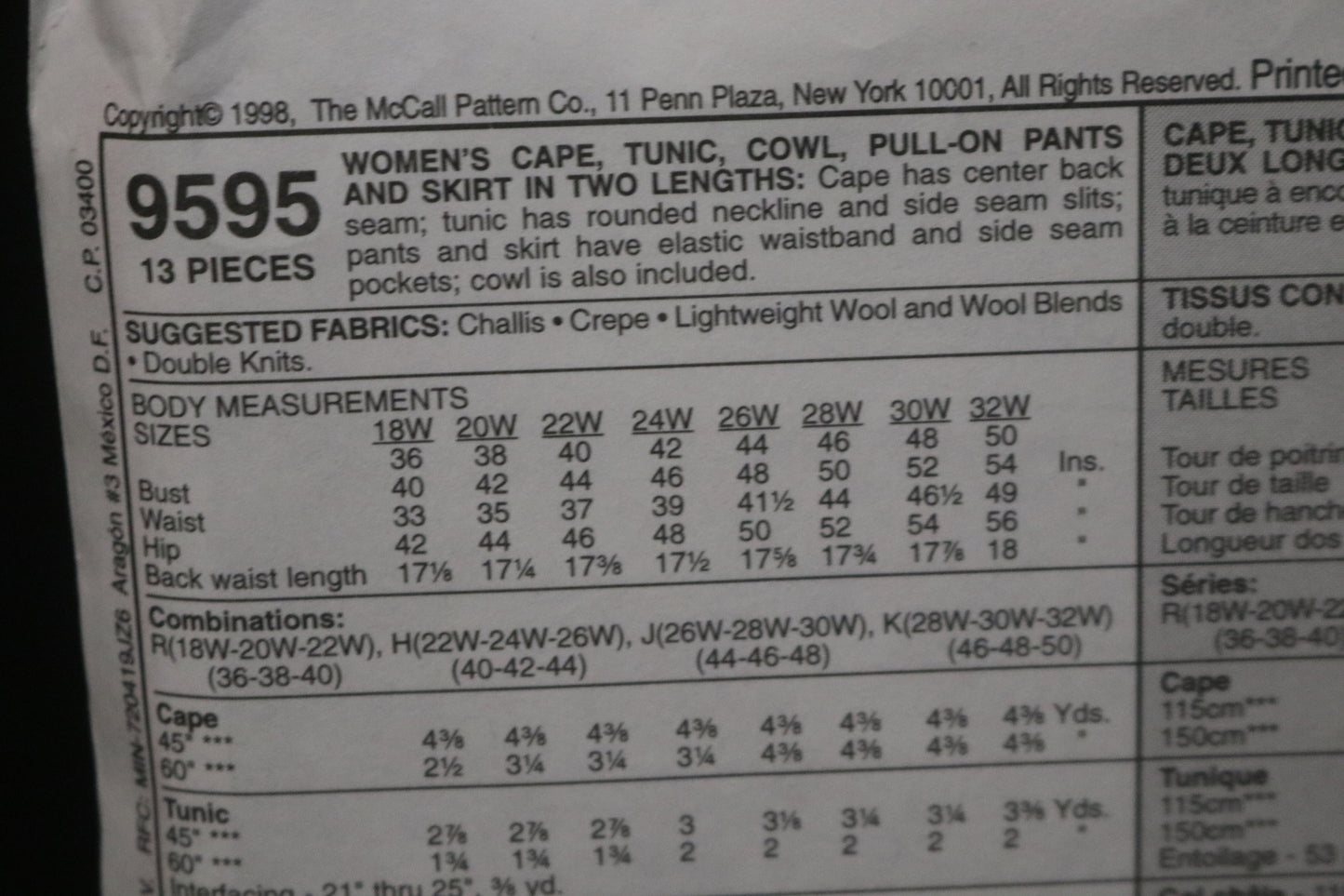 McCalls 9595 Womens Cape Tunic Cowl Pull on pants and Skirt in Two Lengths Sewing Pattern UNCUT Size 22w 24w 26w 40 42 44