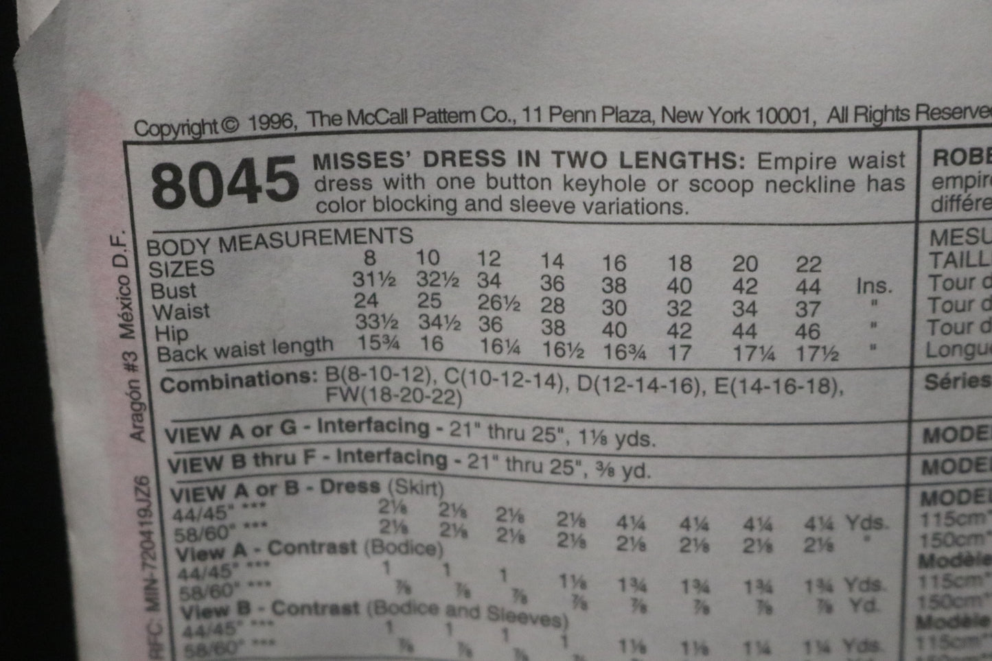 McCalls 8045 Misses Dress in Two Lengths Sewing Pattern - UNCUT - Size 18 20 22