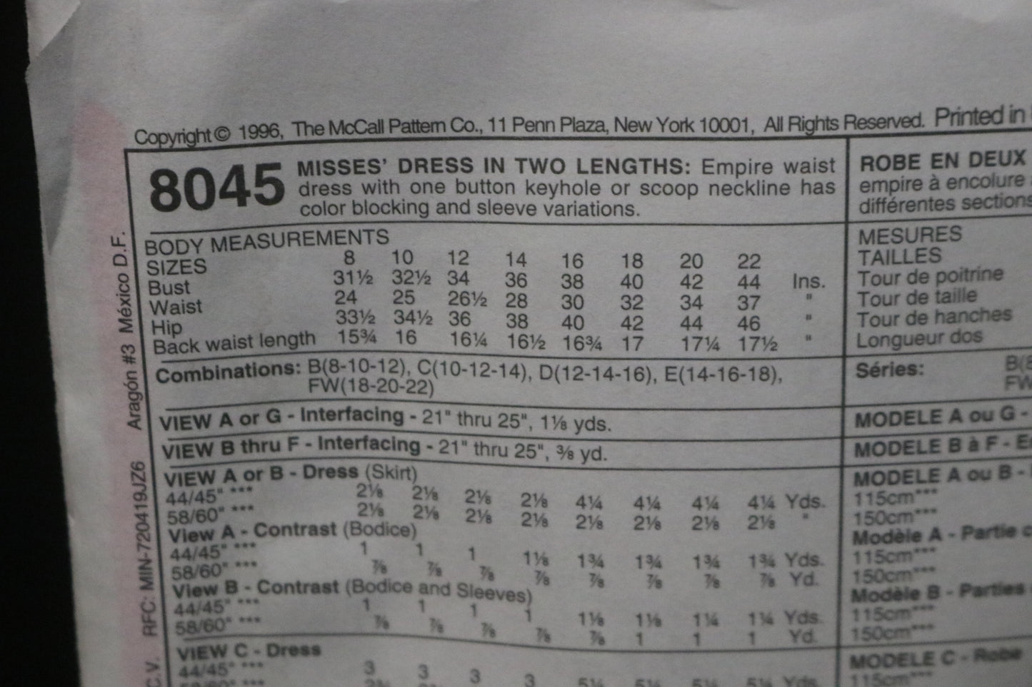 McCalls 8045 Misses Dress in Two Lengths Sewing Pattern - UNCUT - Size 18 20 22