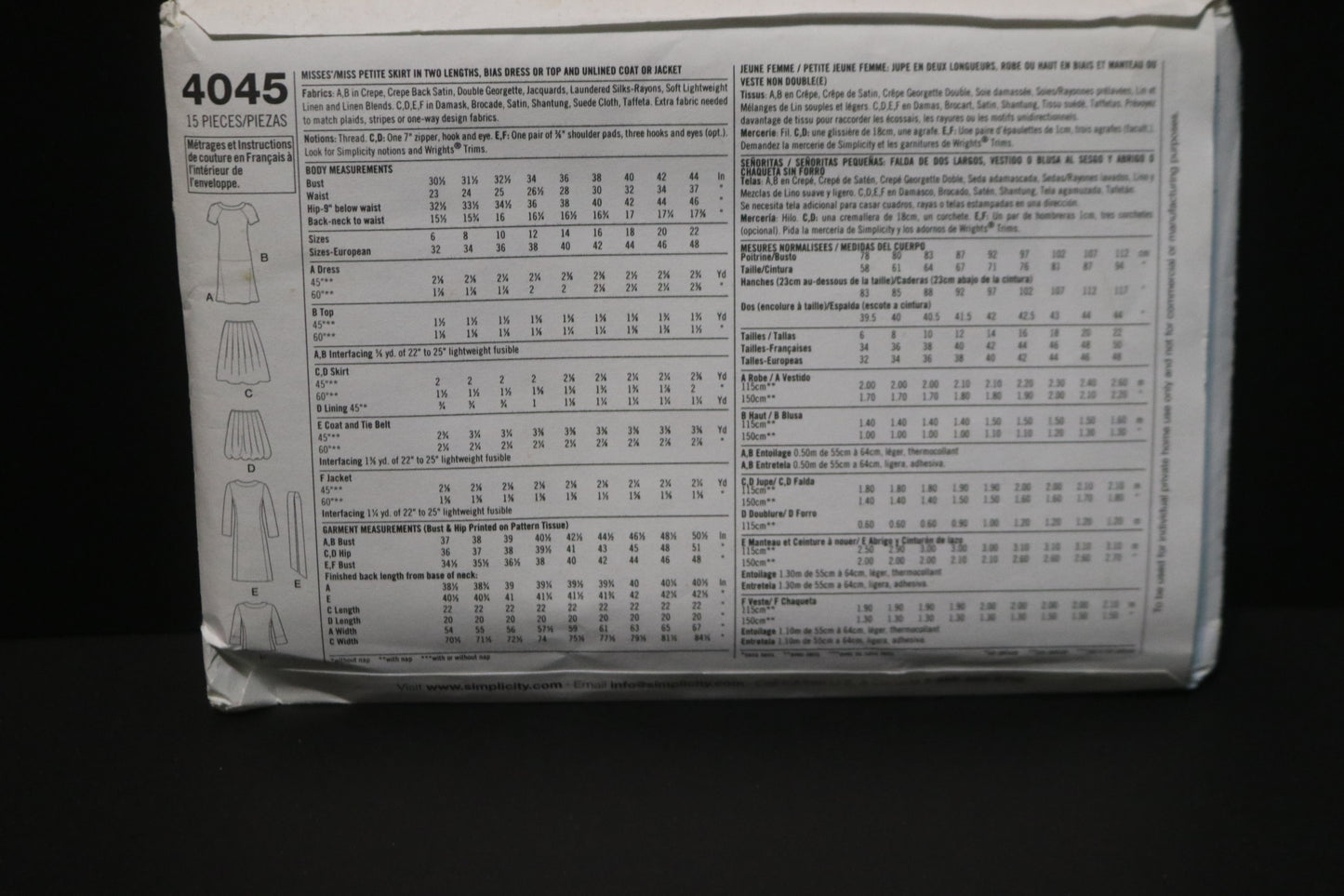 Simplicity 4045 Misses / Miss Petite Skirt in Two Lengths, Bias Dress or Top and Unlined Coat or Jacket Sewing Pattern UNCUT Size 6 8 10 12 14